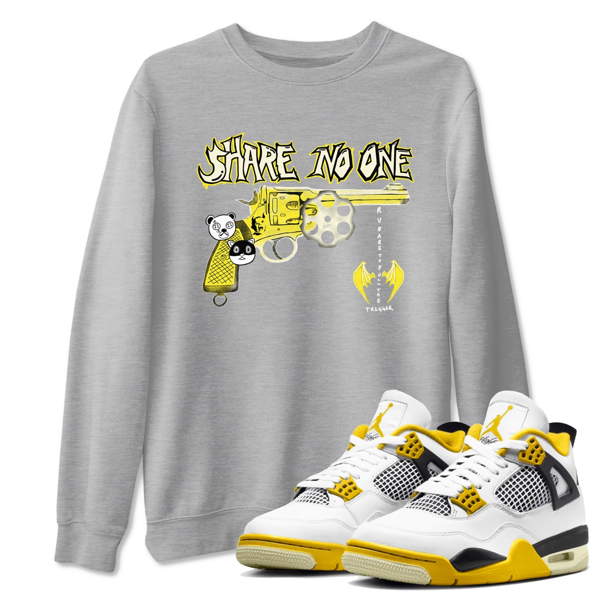 4s Vivid Sulfur shirt to match jordans Share No One sneaker tees Air Jordan 4 Vivid Sulfur Drip Gear Zone unisex cotton Heather Grey 1 crew neck shirt