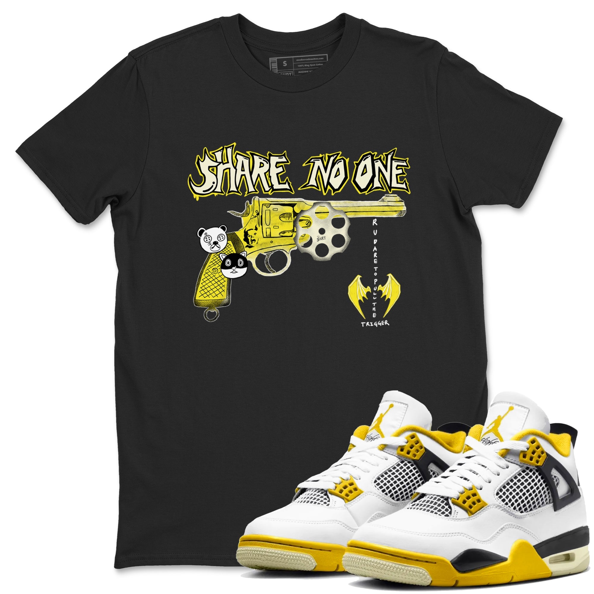 4s Vivid Sulfur shirt to match jordans Share No One sneaker tees Air Jordan 4 Vivid Sulfur Drip Gear Zone unisex cotton Black 1 crew neck shirt