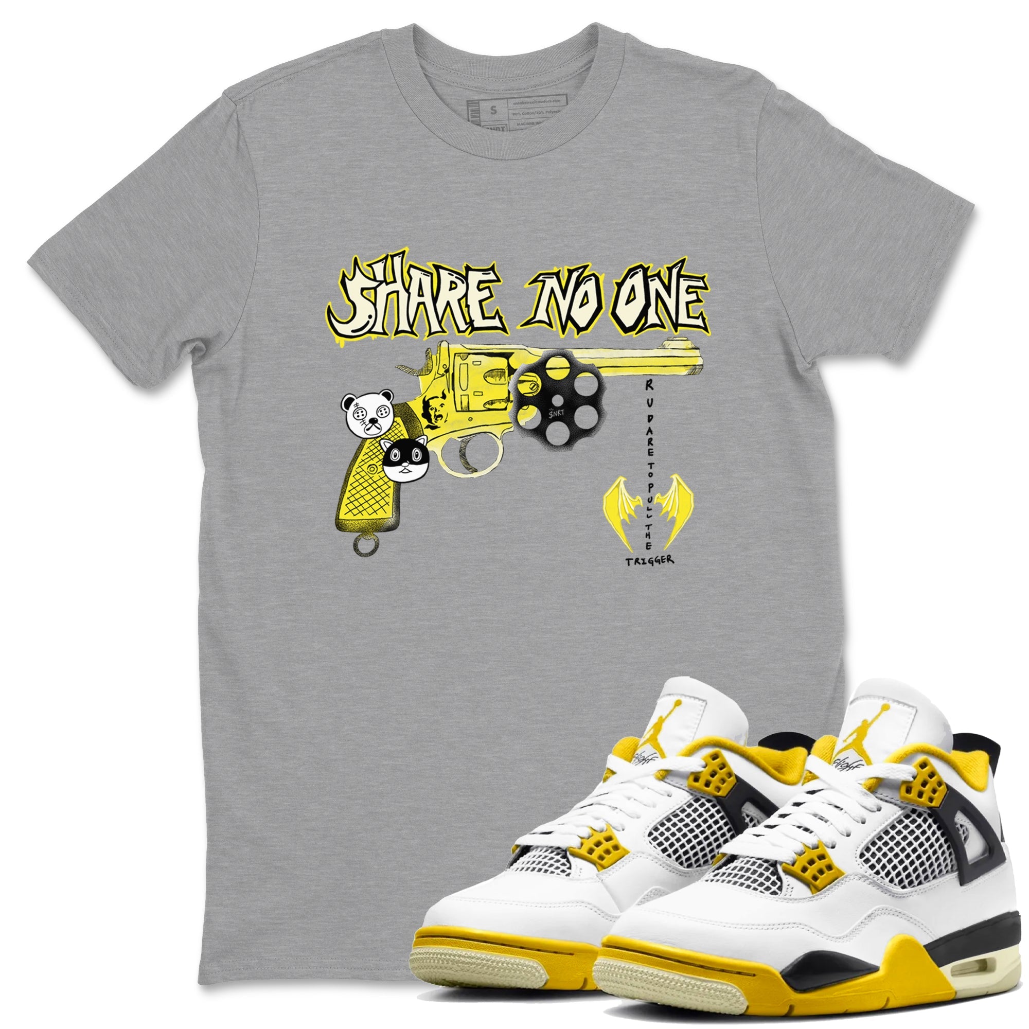 4s Vivid Sulfur shirt to match jordans Share No One sneaker tees Air Jordan 4 Vivid Sulfur Drip Gear Zone unisex cotton Heather Grey 1 crew neck shirt