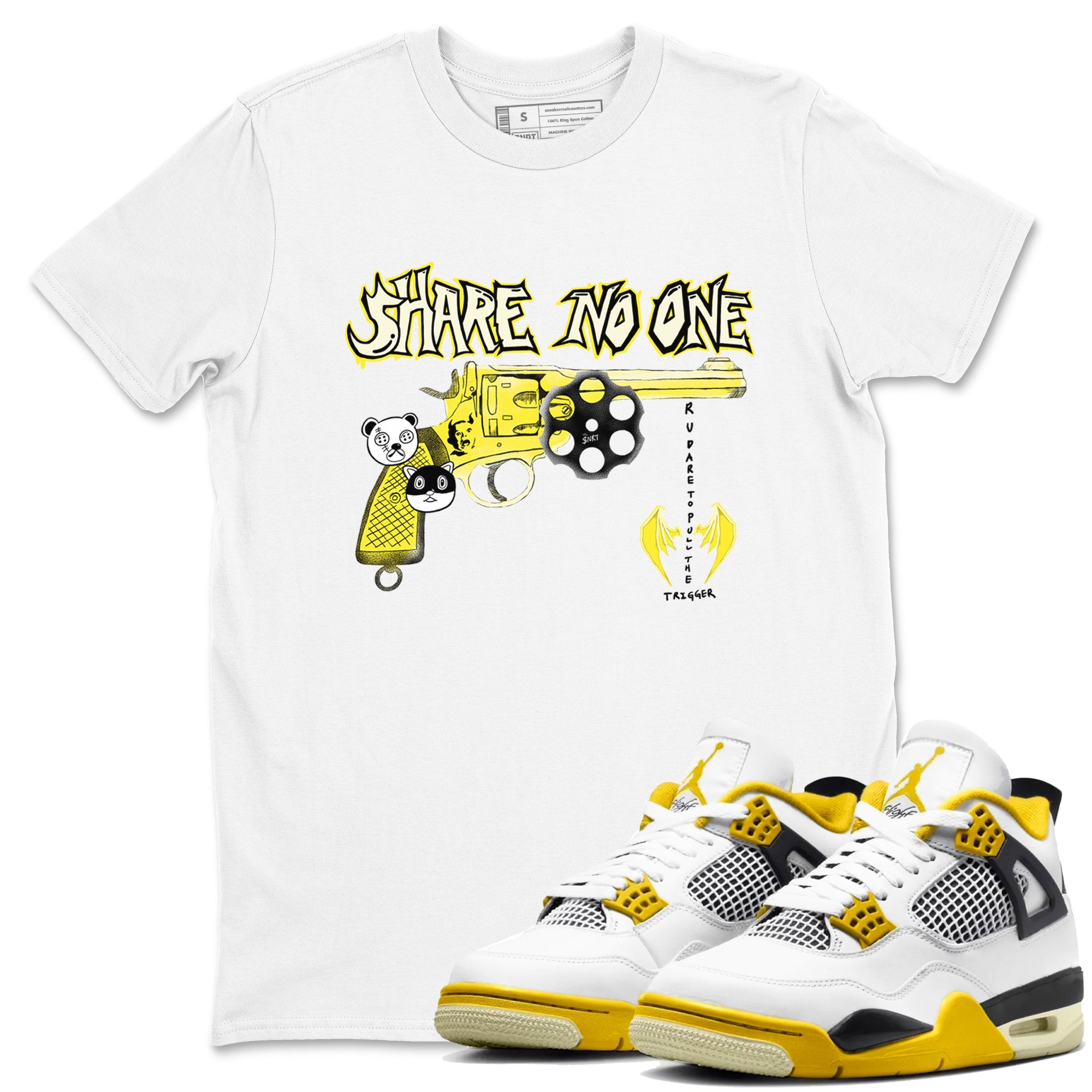 4s Vivid Sulfur shirt to match jordans Share No One sneaker tees Air Jordan 4 Vivid Sulfur Drip Gear Zone unisex cotton White 1 crew neck shirt
