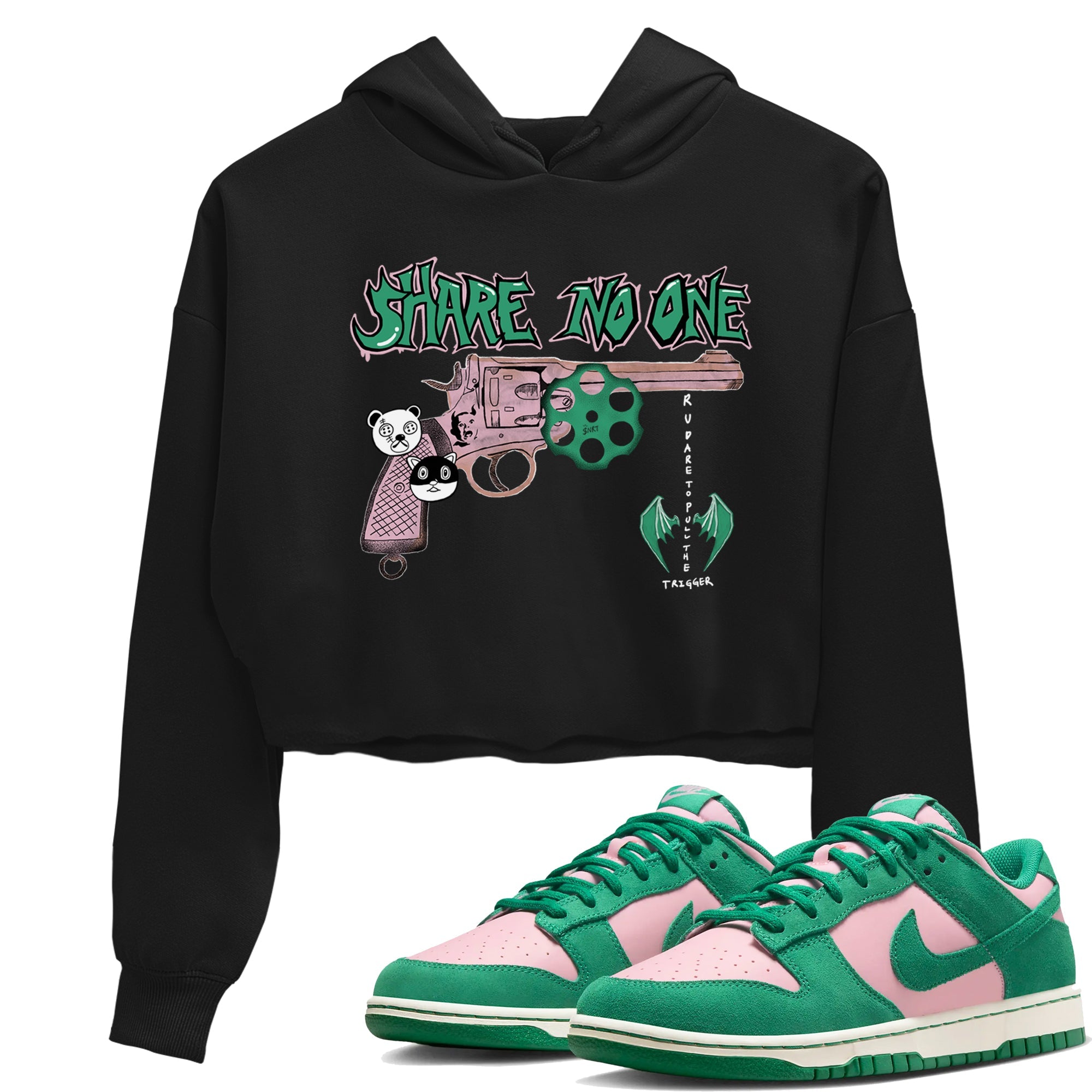 Dunk Medium Soft Pink Malachite shirt to match jordans Share No One sneaker tees Dunk Medium Soft Pink Malachite Drip Gear Zone Black 1 crop length shirt
