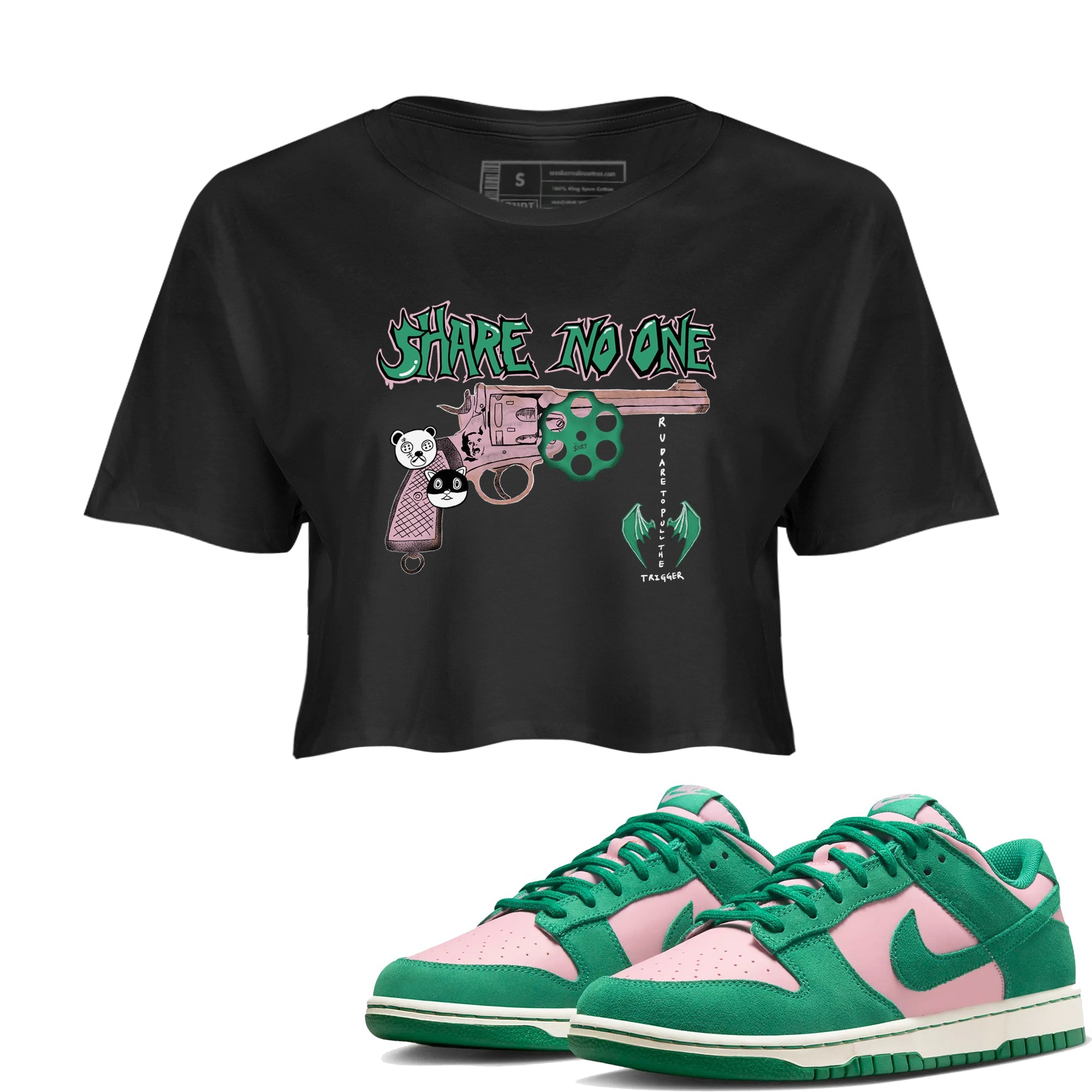 Dunk Medium Soft Pink Malachite shirt to match jordans Share No One sneaker tees Dunk Medium Soft Pink Malachite Drip Gear Zone Black 1 crop length shirt