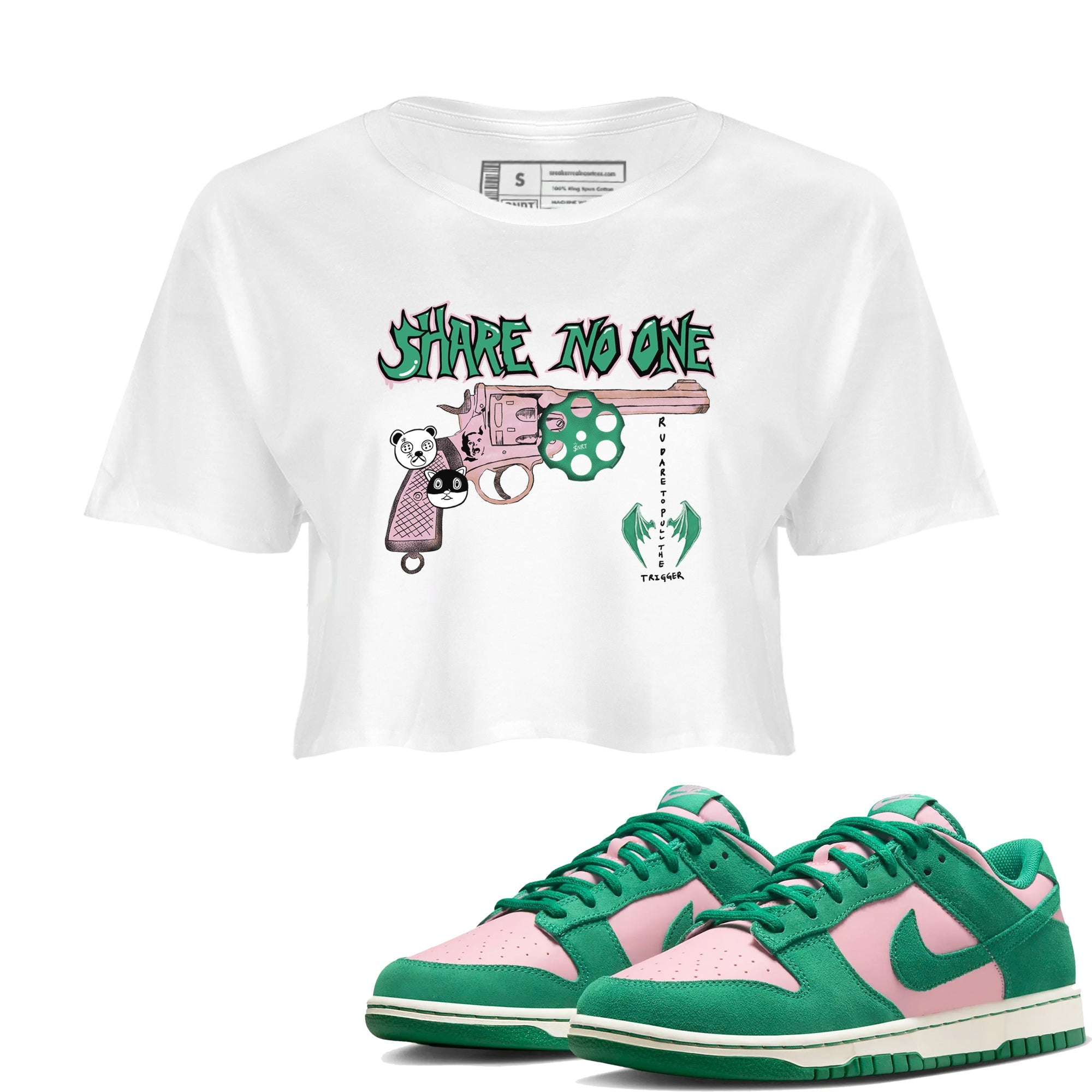 Dunk Medium Soft Pink Malachite shirt to match jordans Share No One sneaker tees Dunk Medium Soft Pink Malachite Drip Gear Zone White 1 crop length shirt