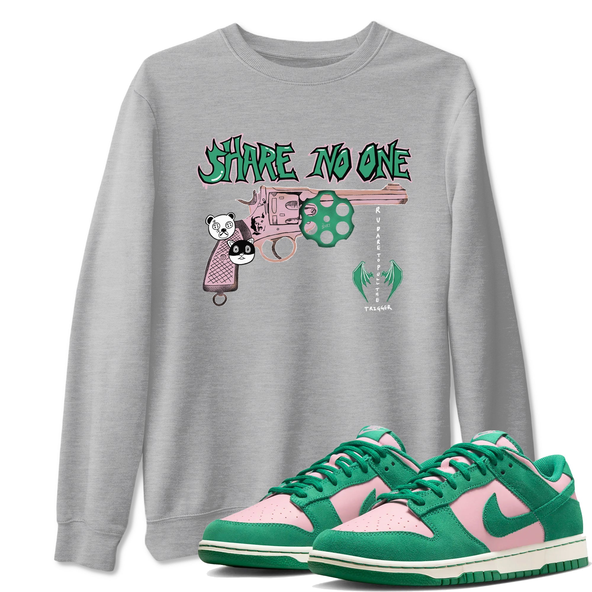 Dunk Medium Soft Pink Malachite shirt to match jordans Share No One sneaker tees Dunk Medium Soft Pink Malachite Drip Gear Zone unisex cotton Heather Grey 1 crew neck shirt