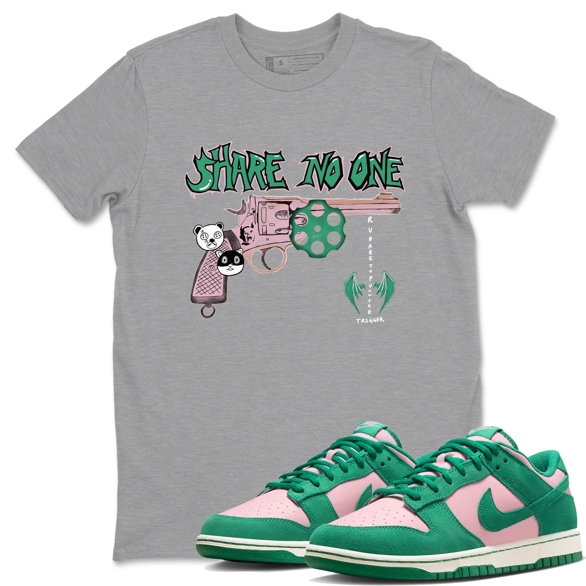 Dunk Medium Soft Pink Malachite shirt to match jordans Share No One sneaker tees Dunk Medium Soft Pink Malachite Drip Gear Zone unisex cotton Heather Grey 1 crew neck shirt