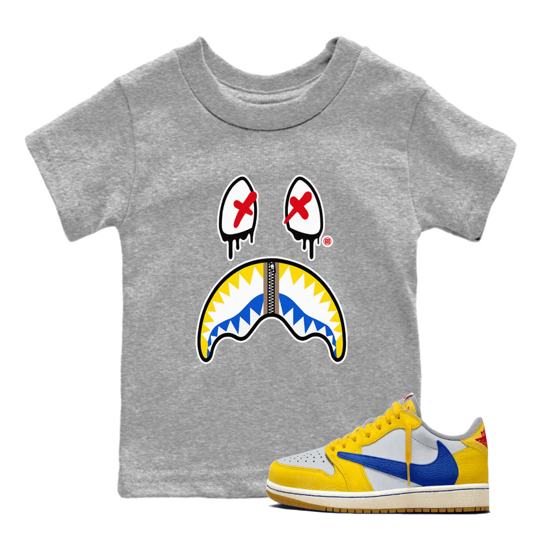 1s Travis Scott Canary shirt to match jordans Shark Face sneaker tees Air Jordan 1 Travis Scott Canary Drip Gear Zone baby toddler Heather Grey 1 cotton Shirt