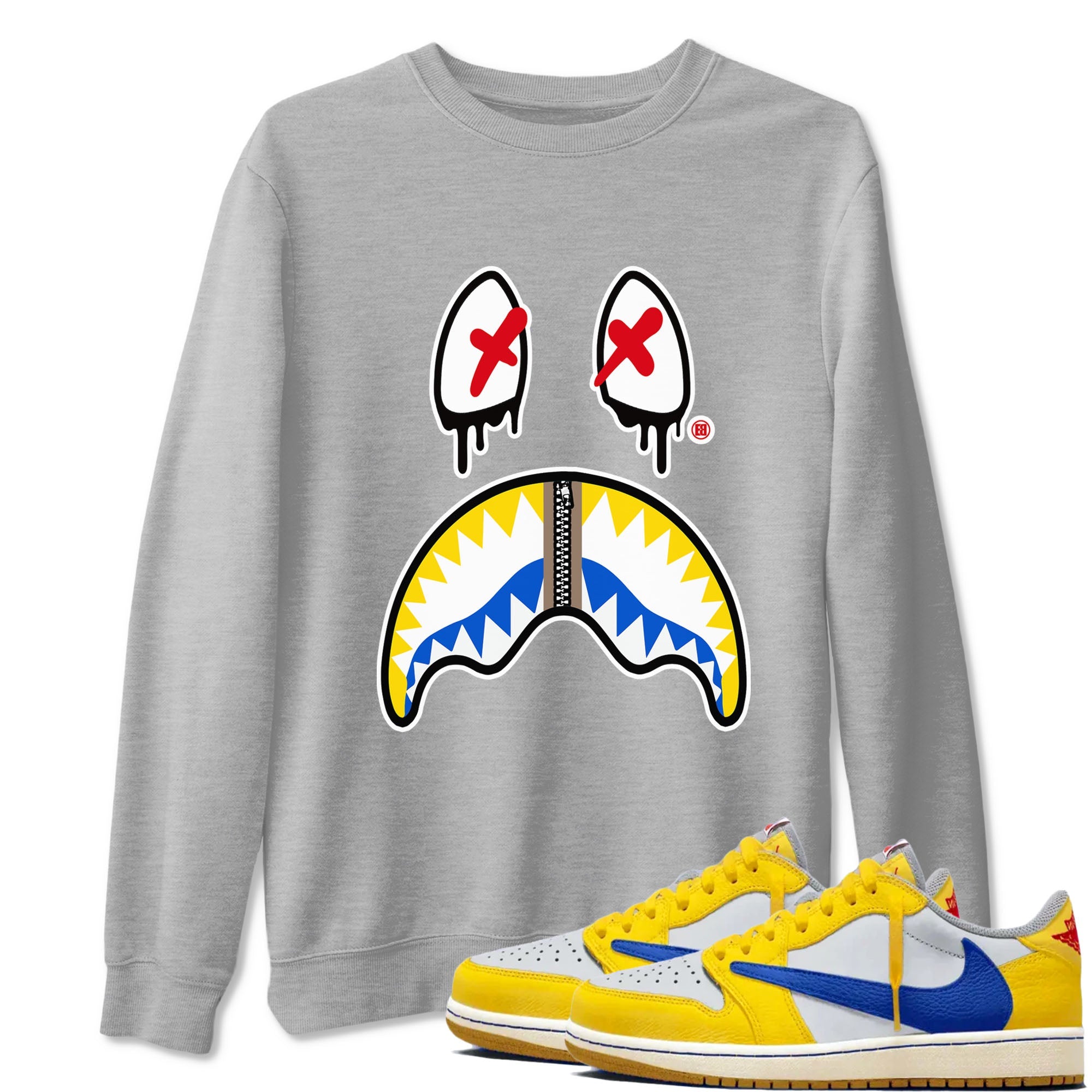 1s Travis Scott Canary shirt to match jordans Shark Face sneaker tees Air Jordan 1 Travis Scott Canary Drip Gear Zone unisex cotton Heather Grey 1 crew neck shirt