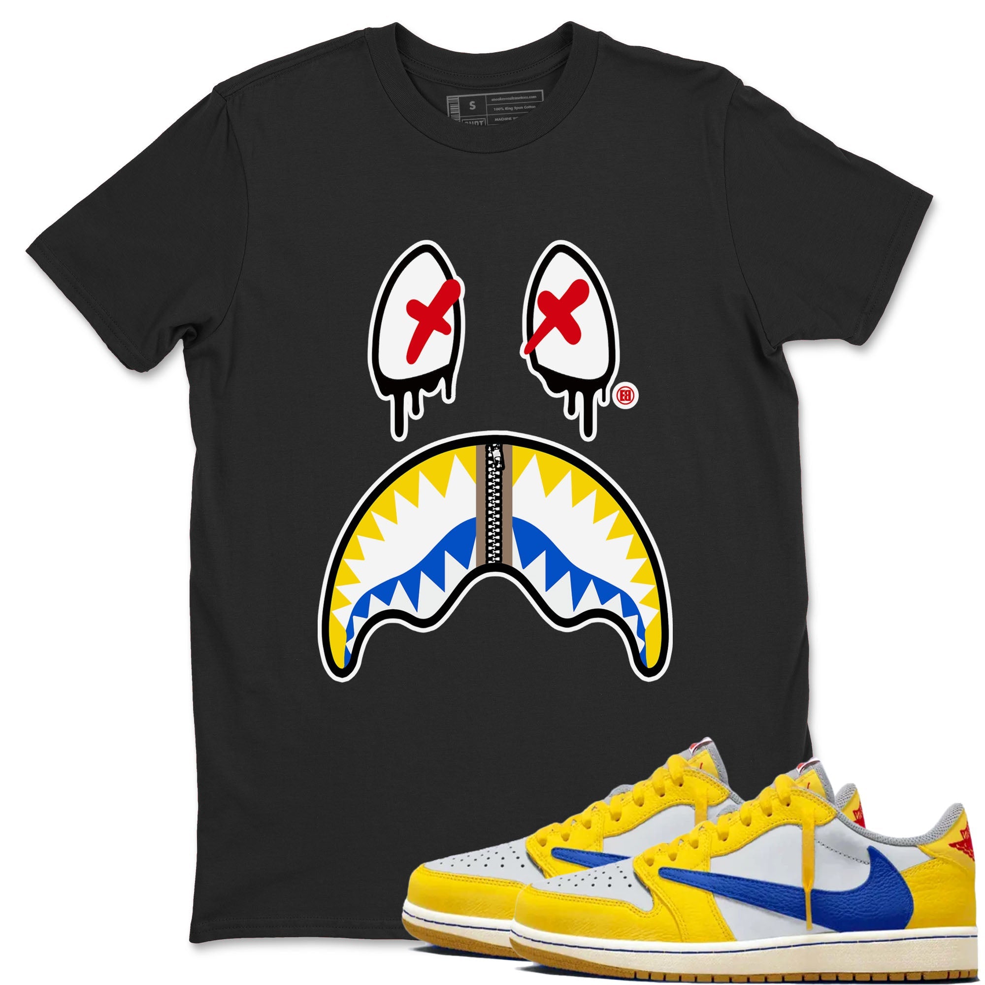 1s Travis Scott Canary shirt to match jordans Shark Face sneaker tees Air Jordan 1 Travis Scott Canary Drip Gear Zone unisex cotton Black 1 crew neck shirt
