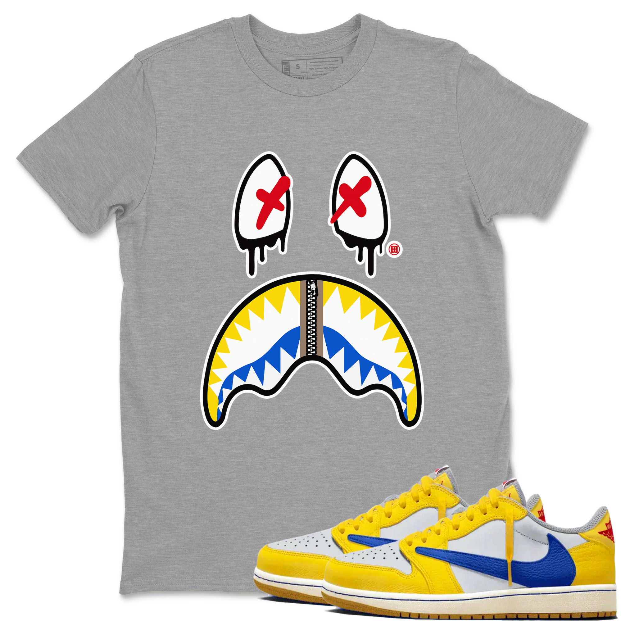 1s Travis Scott Canary shirt to match jordans Shark Face sneaker tees Air Jordan 1 Travis Scott Canary Drip Gear Zone unisex cotton Heather Grey 1 crew neck shirt