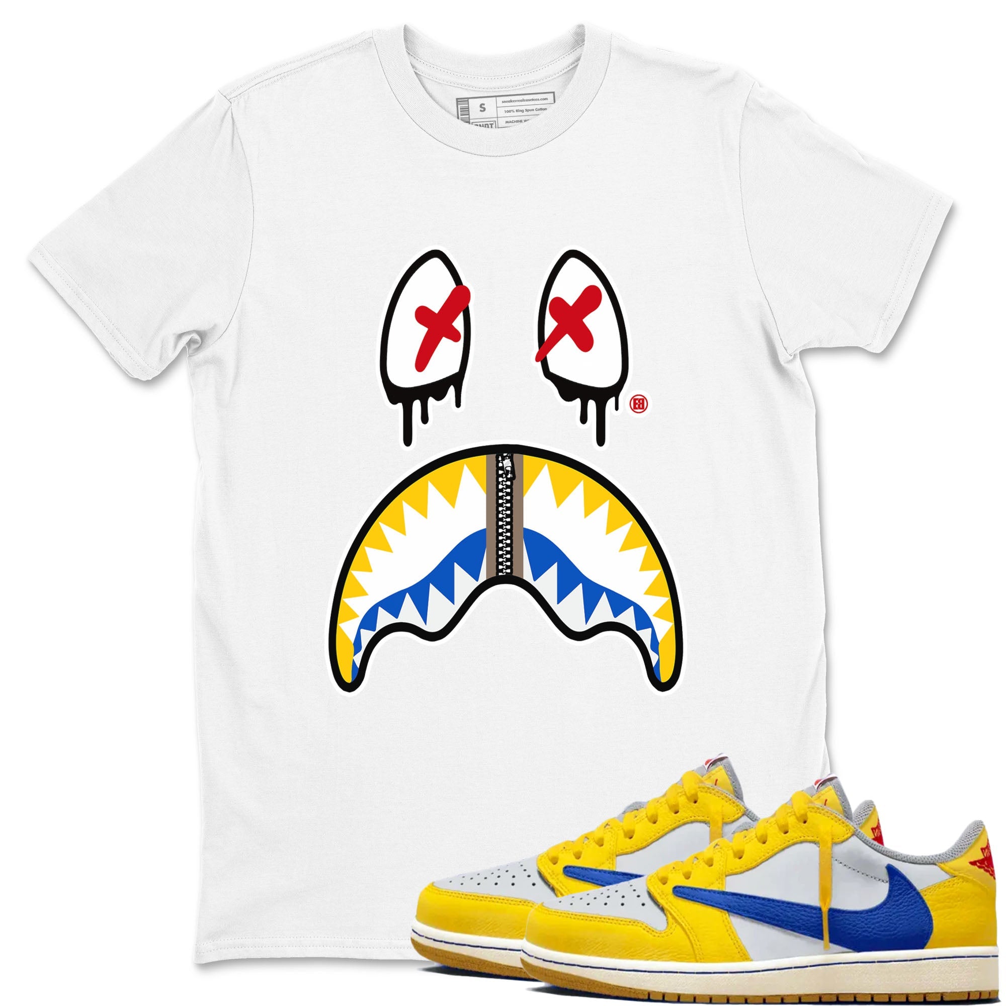 1s Travis Scott Canary shirt to match jordans Shark Face sneaker tees Air Jordan 1 Travis Scott Canary Drip Gear Zone unisex cotton White 1 crew neck shirt