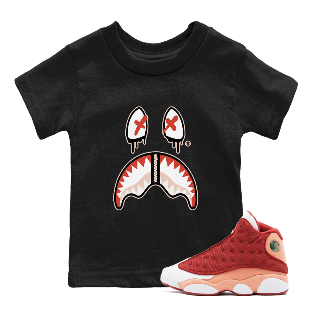 13s Dune Red shirts to match jordans Shark Face sneaker match tees Air Jordan 13 Dune Red Drip Gear Zone streetwear brand Baby and Youth Black 1 cotton tee