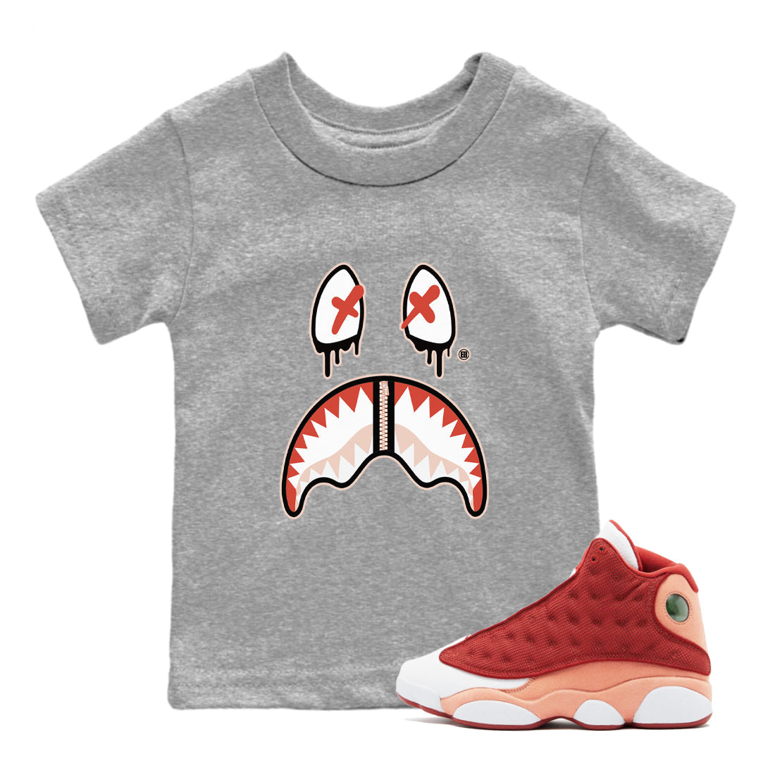 13s Dune Red shirts to match jordans Shark Face sneaker match tees Air Jordan 13 Dune Red Drip Gear Zone streetwear brand Baby and Youth Heather Grey 1 cotton tee