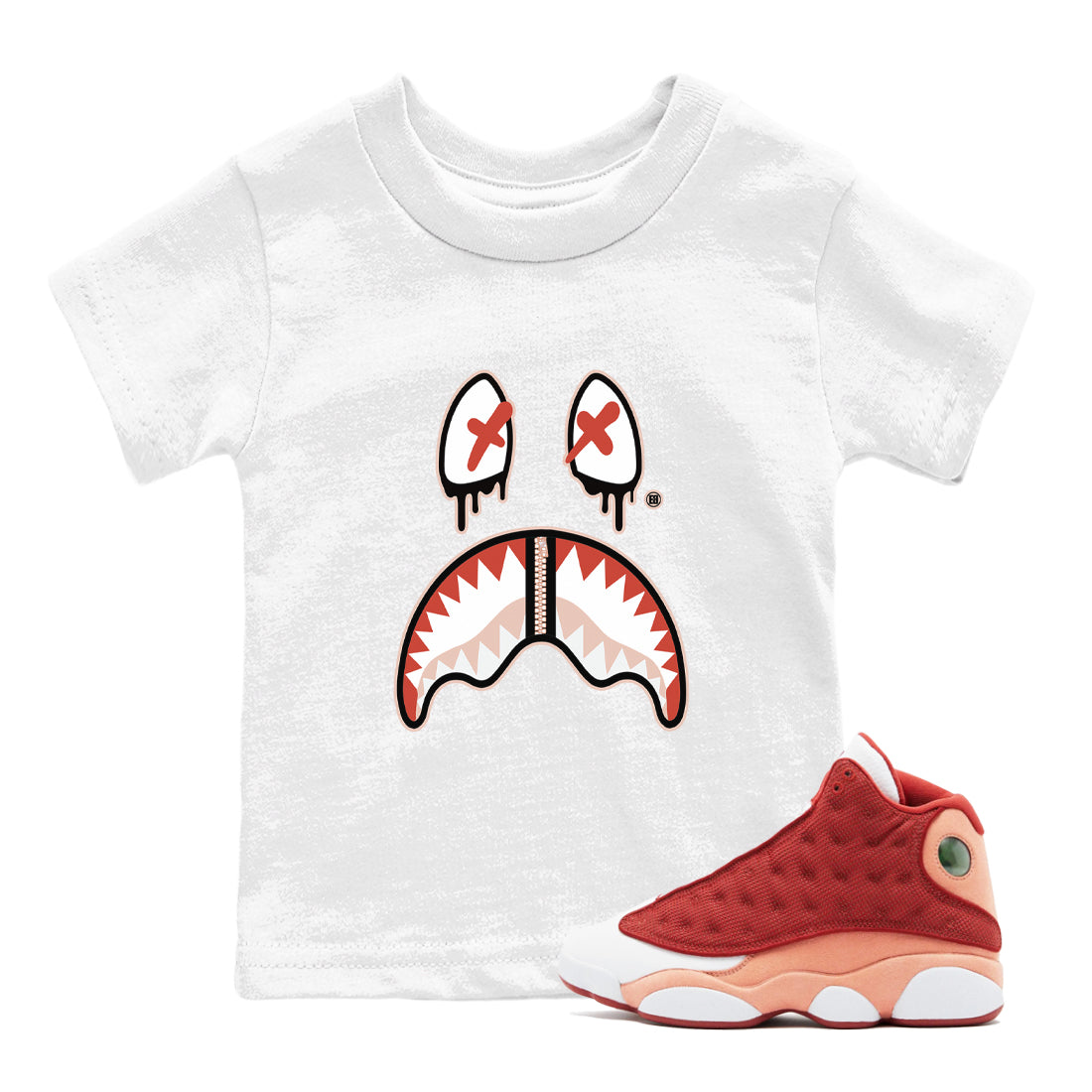 13s Dune Red shirts to match jordans Shark Face sneaker match tees Air Jordan 13 Dune Red Drip Gear Zone streetwear brand Baby and Youth White 1 cotton tee