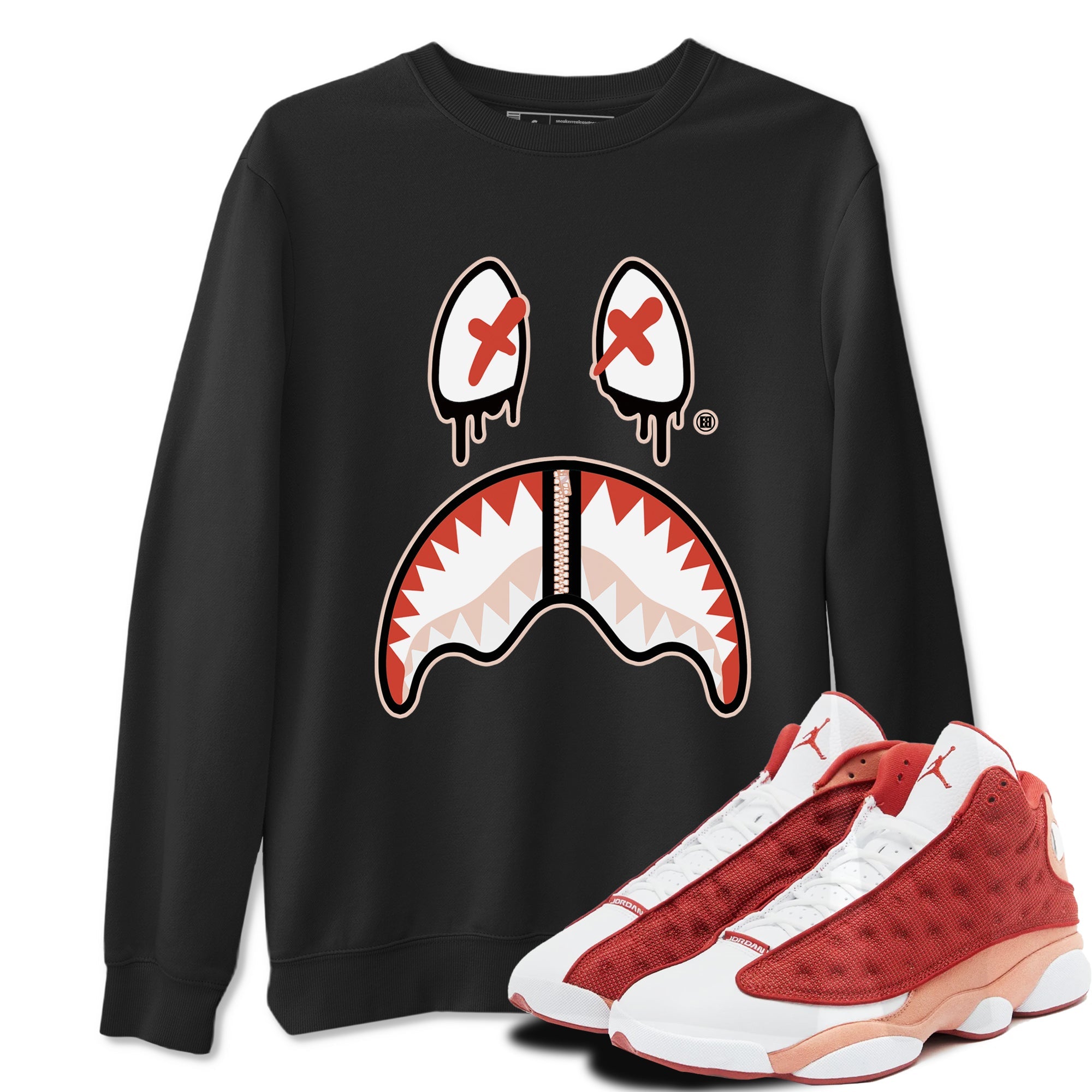13s Dune Red shirts to match jordans Shark Face sneaker match tees Air Jordan 13 Dune Red Drip Gear Zone streetwear brand Black 1 unisex cotton tee