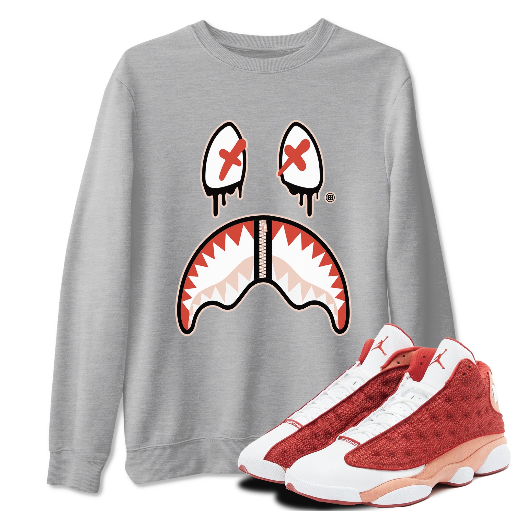 13s Dune Red shirts to match jordans Shark Face sneaker match tees Air Jordan 13 Dune Red Drip Gear Zone streetwear brand Heather Grey 1 unisex cotton tee
