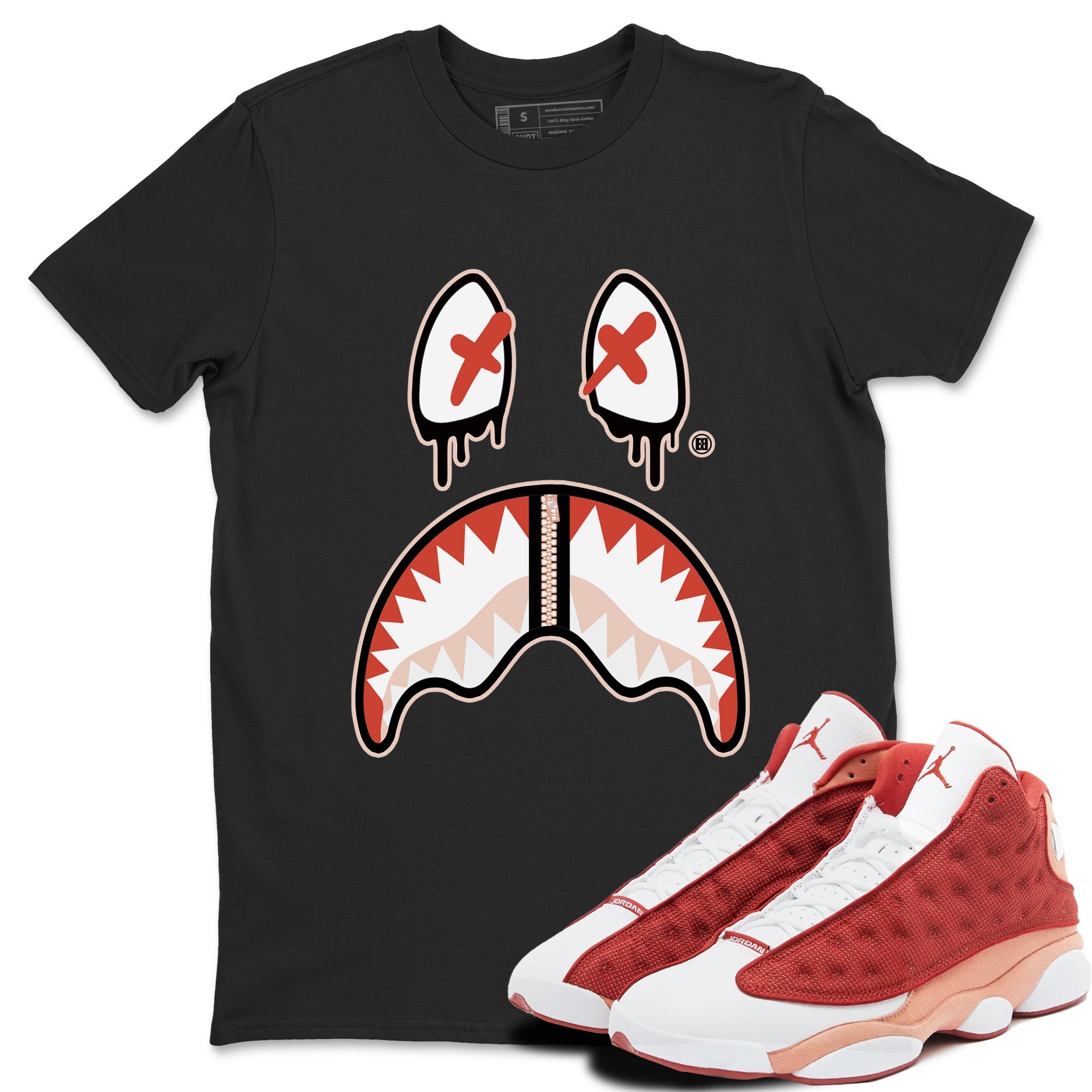 13s Dune Red shirts to match jordans Shark Face sneaker match tees Air Jordan 13 Dune Red Drip Gear Zone streetwear brand Black 1 unisex cotton tee