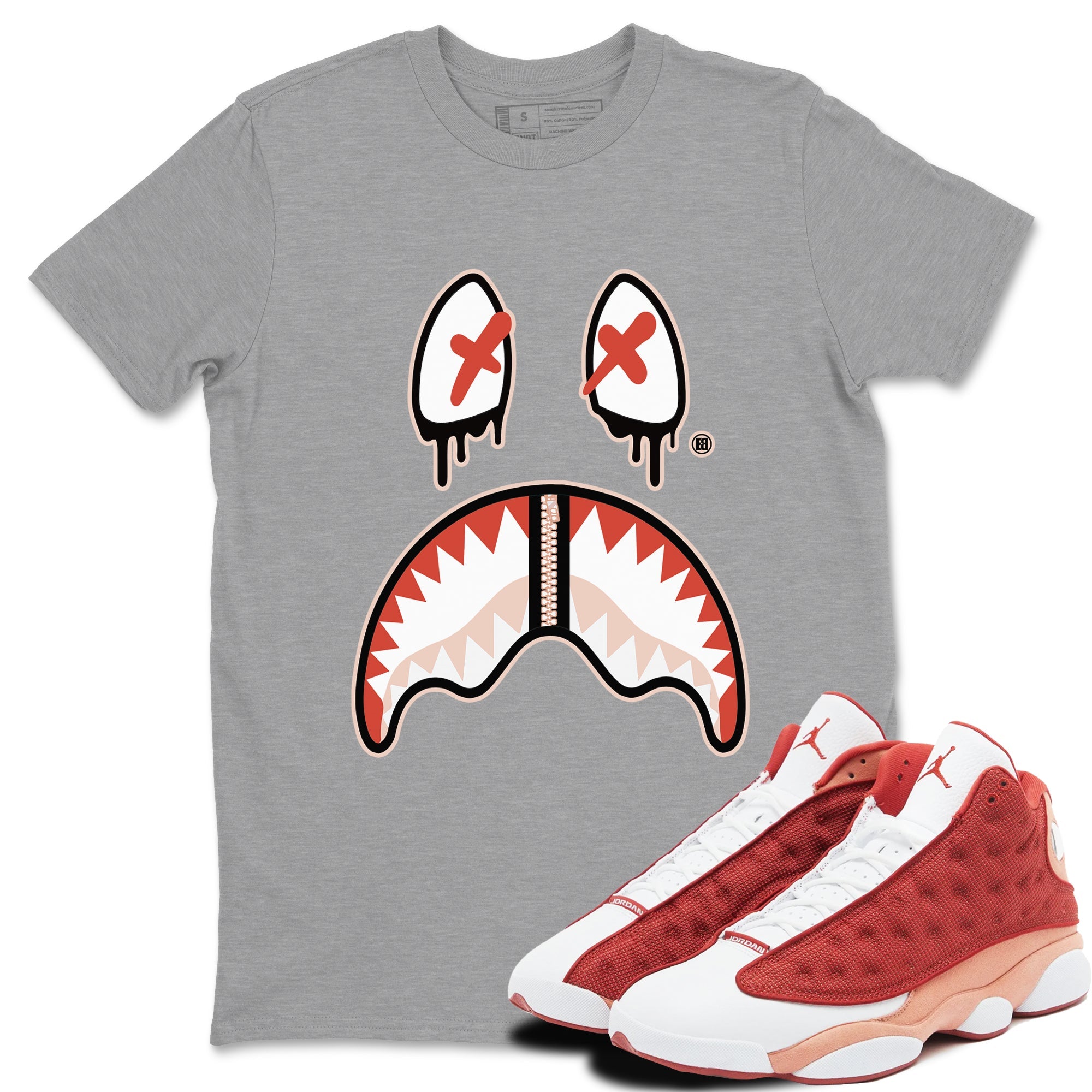 13s Dune Red shirts to match jordans Shark Face sneaker match tees Air Jordan 13 Dune Red Drip Gear Zone streetwear brand Heather Grey 1 unisex cotton tee