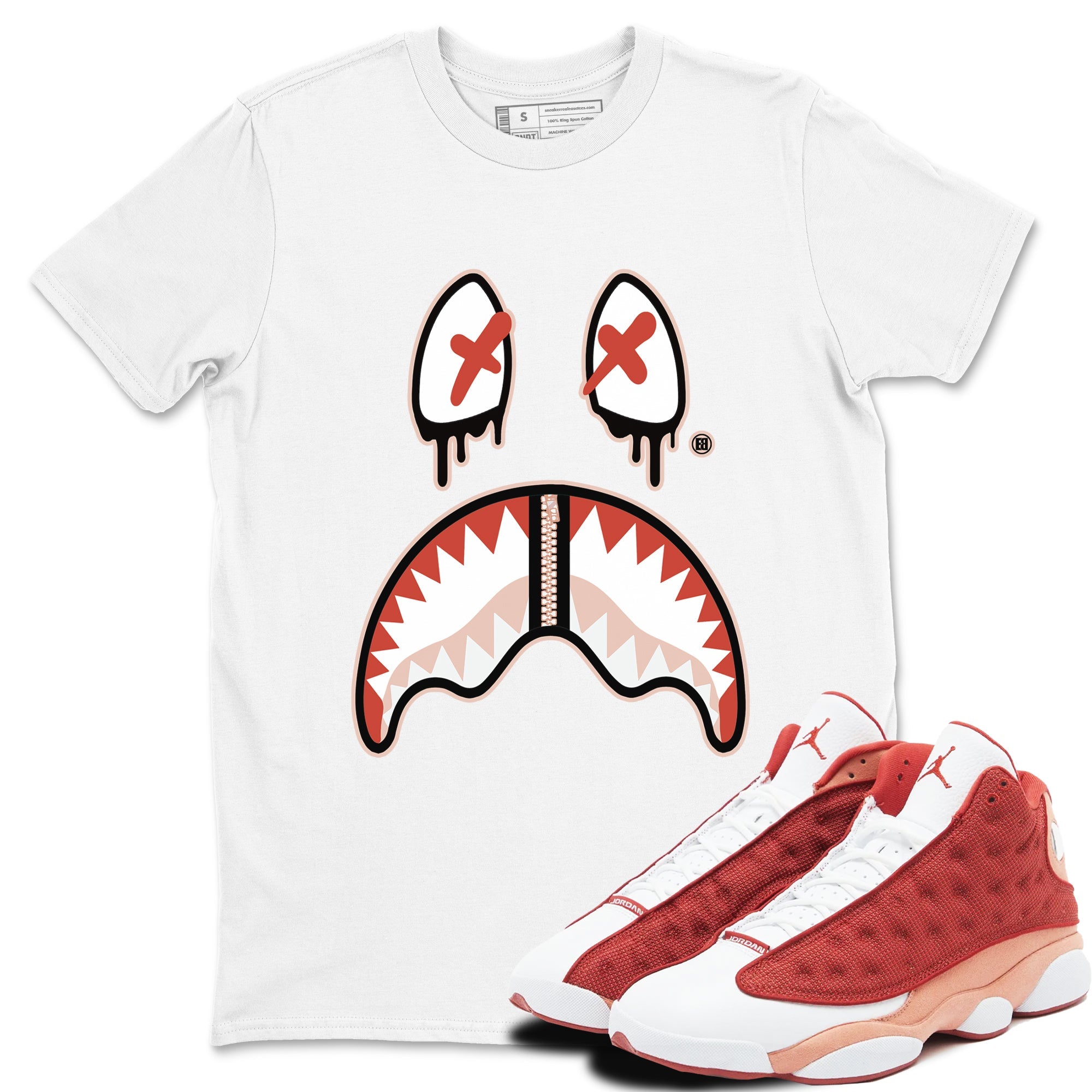 13s Dune Red shirts to match jordans Shark Face sneaker match tees Air Jordan 13 Dune Red Drip Gear Zone streetwear brand White 1 unisex cotton tee