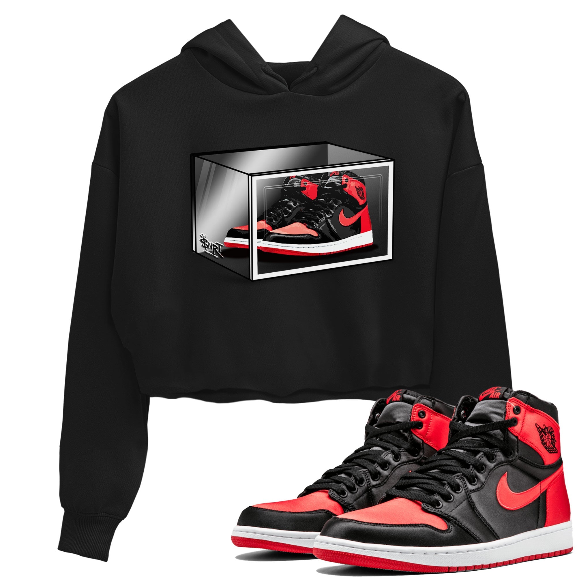 Air Jordan 1 Retro High OG Satin Bred shirt to match jordans Shoe Box sneaker release tees Air Jordan 1 Satin Bred Drip Gear Zone Black 1 Crop T-Shirt