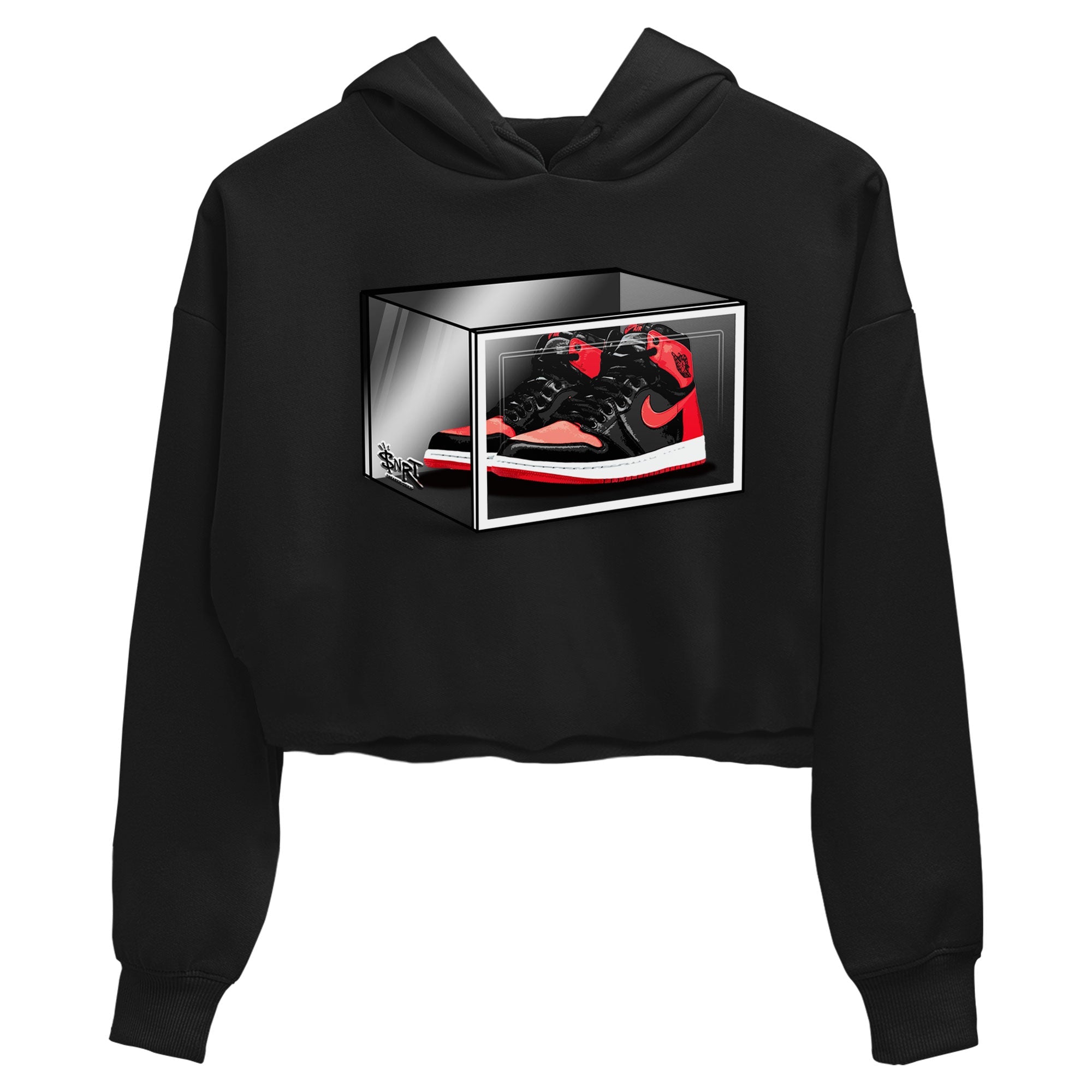Air Jordan 1 Retro High OG Satin Bred shirt to match jordans Shoe Box sneaker release tees Air Jordan 1 Satin Bred Drip Gear Zone Black 2 Crop T-Shirt