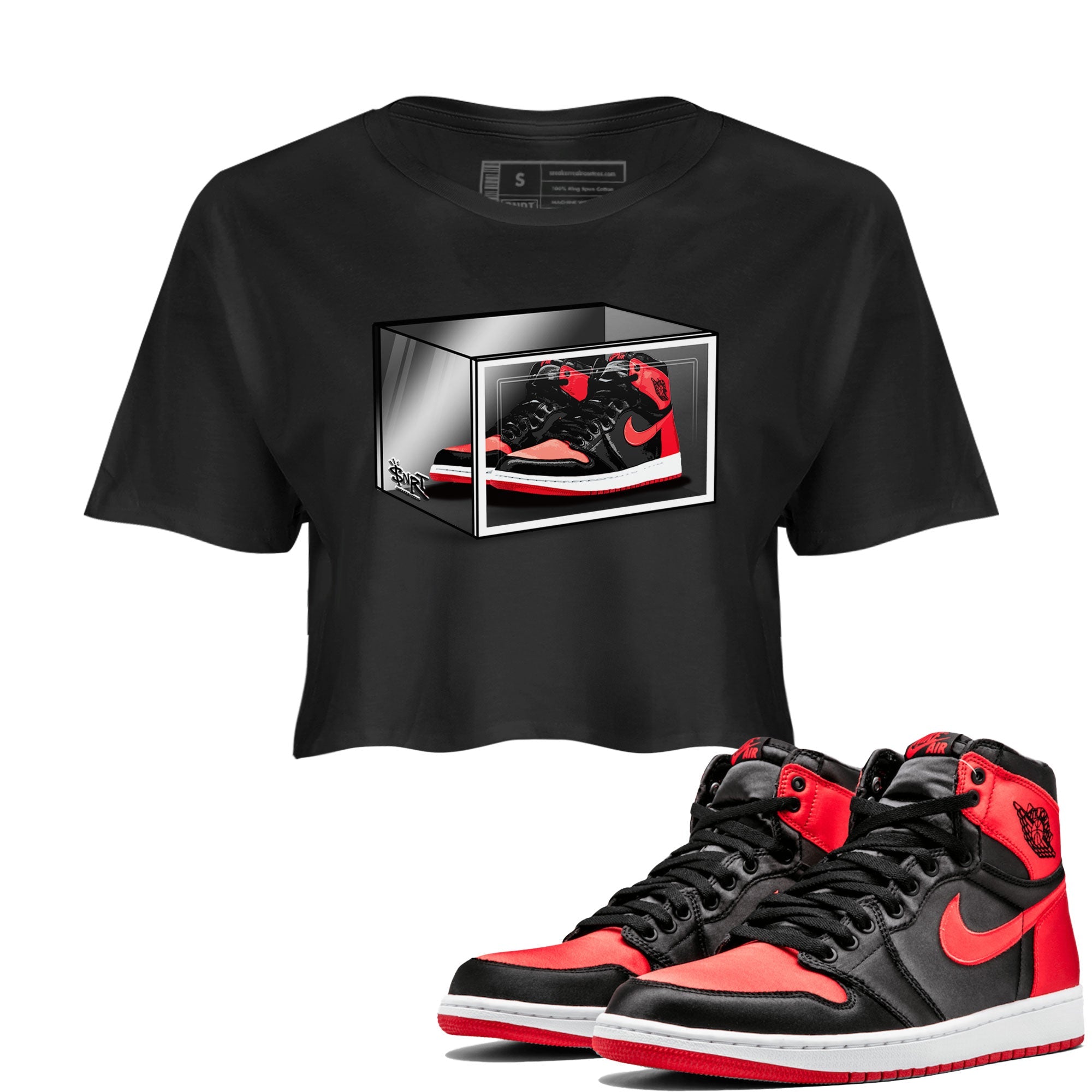 Air Jordan 1 Retro High OG Satin Bred shirt to match jordans Shoe Box sneaker release tees Air Jordan 1 Satin Bred Drip Gear Zone Black 1 Crop T-Shirt