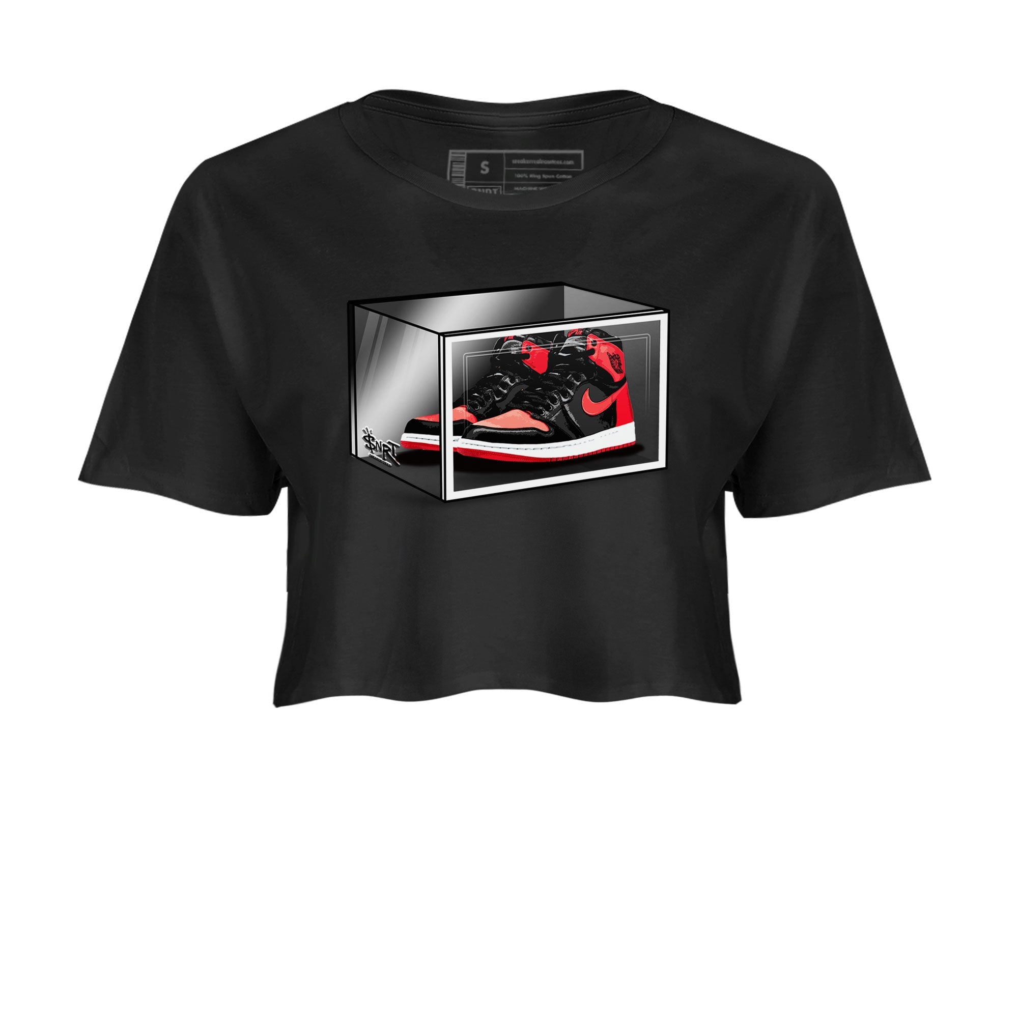 Air Jordan 1 Retro High OG Satin Bred shirt to match jordans Shoe Box sneaker release tees Air Jordan 1 Satin Bred Drip Gear Zone Black 2 Crop T-Shirt