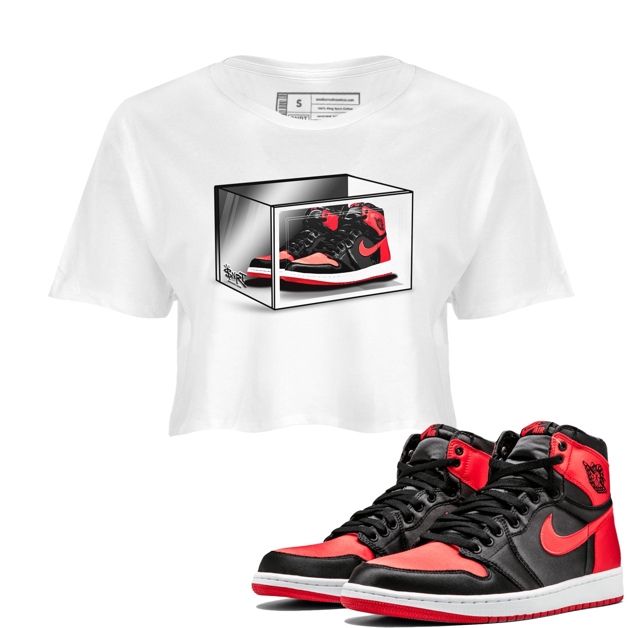 Air Jordan 1 Retro High OG Satin Bred shirt to match jordans Shoe Box sneaker release tees Air Jordan 1 Satin Bred Drip Gear Zone White 1 Crop T-Shirt