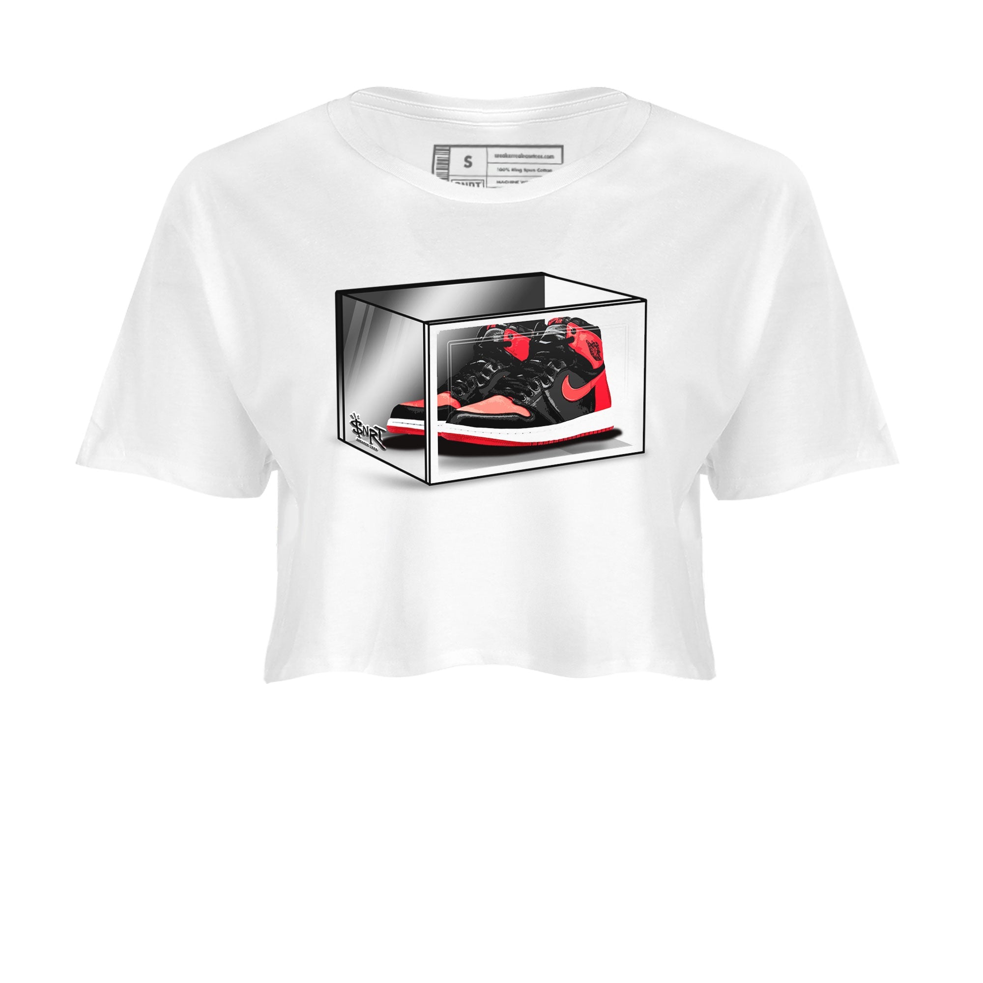 Air Jordan 1 Retro High OG Satin Bred shirt to match jordans Shoe Box sneaker release tees Air Jordan 1 Satin Bred Drip Gear Zone White 2 Crop T-Shirt