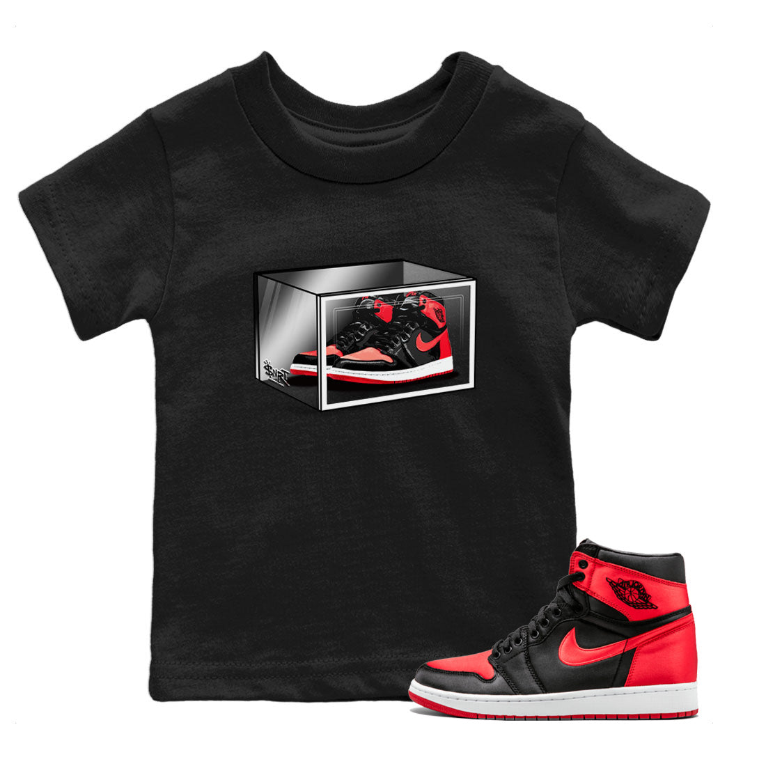 Air Jordan 1 Retro High OG Satin Bred shirt to match jordans Shoe Box sneaker release tees Air Jordan 1 Satin Bred Drip Gear Zone Baby Toddler Black 1 T-Shirt