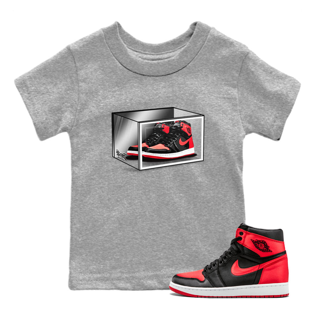 Air Jordan 1 Retro High OG Satin Bred shirt to match jordans Shoe Box sneaker release tees Air Jordan 1 Satin Bred Drip Gear Zone Baby Toddler Heather Grey 1 T-Shirt