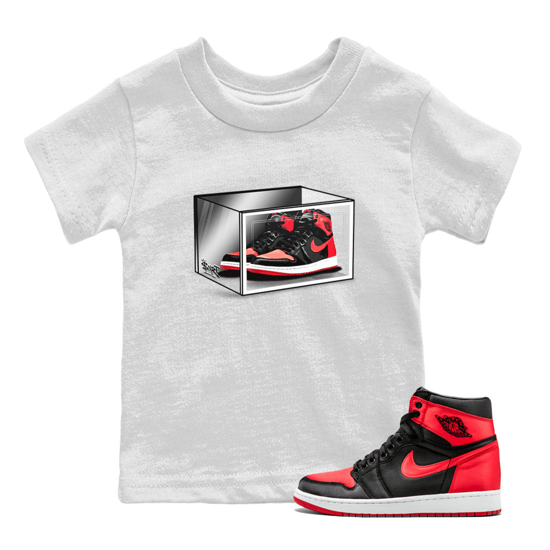 Air Jordan 1 Retro High OG Satin Bred shirt to match jordans Shoe Box sneaker release tees Air Jordan 1 Satin Bred Drip Gear Zone Baby Toddler White 1 T-Shirt