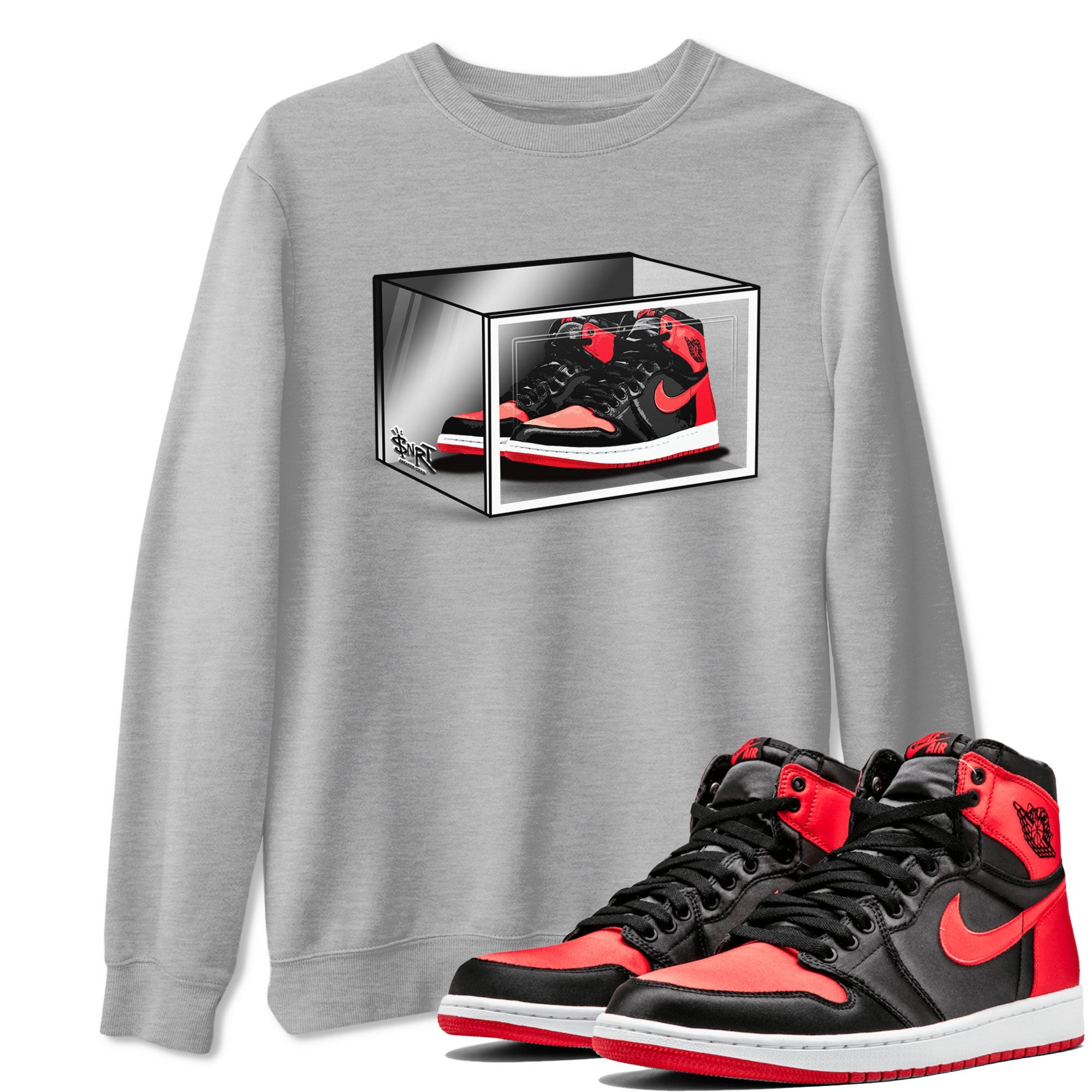 Air Jordan 1 Retro High OG Satin Bred shirt to match jordans Shoe Box sneaker release tees Air Jordan 1 Satin Bred Drip Gear Zone Unisex Streetwear Clothing Heather Grey 1 T-Shirt