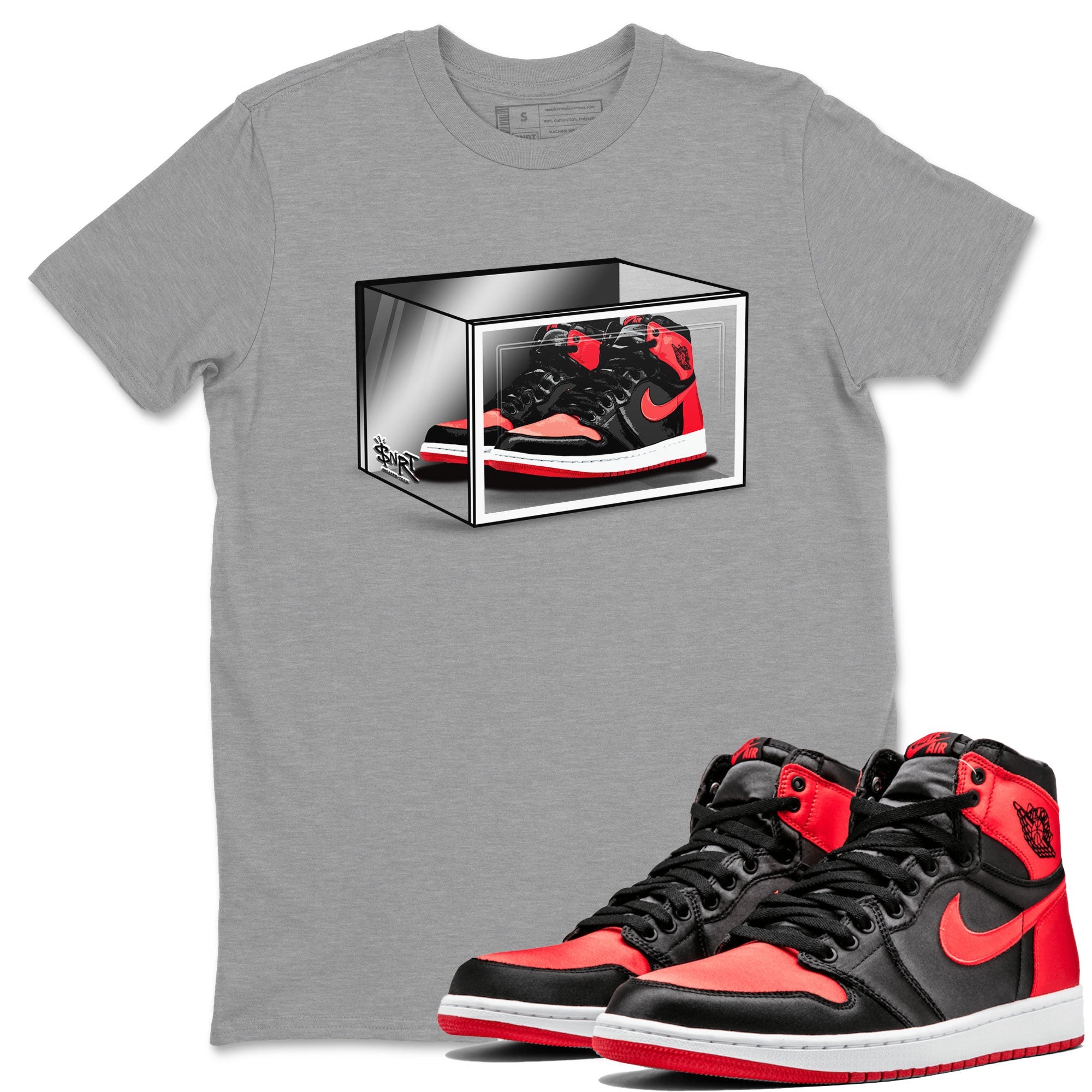 Air Jordan 1 Retro High OG Satin Bred shirt to match jordans Shoe Box sneaker release tees Air Jordan 1 Satin Bred Drip Gear Zone Unisex Streetwear Clothing Heather Grey 1 T-Shirt