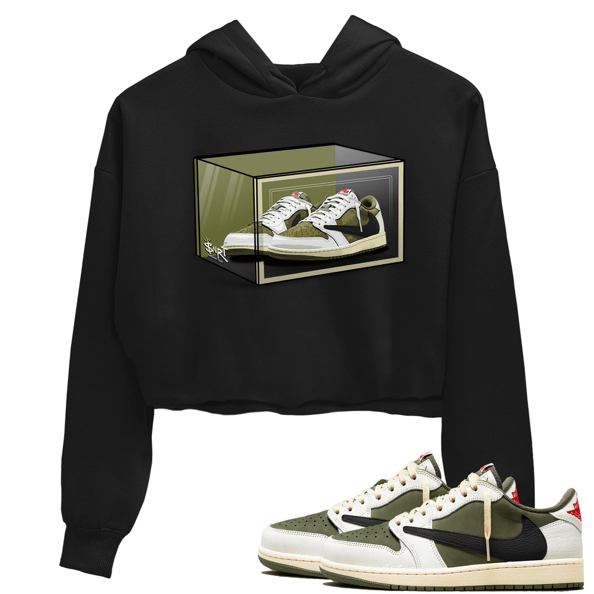 Jordan 1 Olive t shirts to match sneakers Shoe Box sneaker match tees Air Jordan 1 Low x Travis Scott Reverse Olive tee Drip Gear Zone unisex cotton Black 1 crop tee