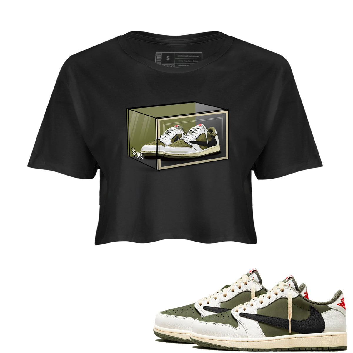 Jordan 1 Olive t shirts to match sneakers Shoe Box sneaker match tees Air Jordan 1 Low x Travis Scott Reverse Olive tee Drip Gear Zone unisex cotton Black 1 crop tee
