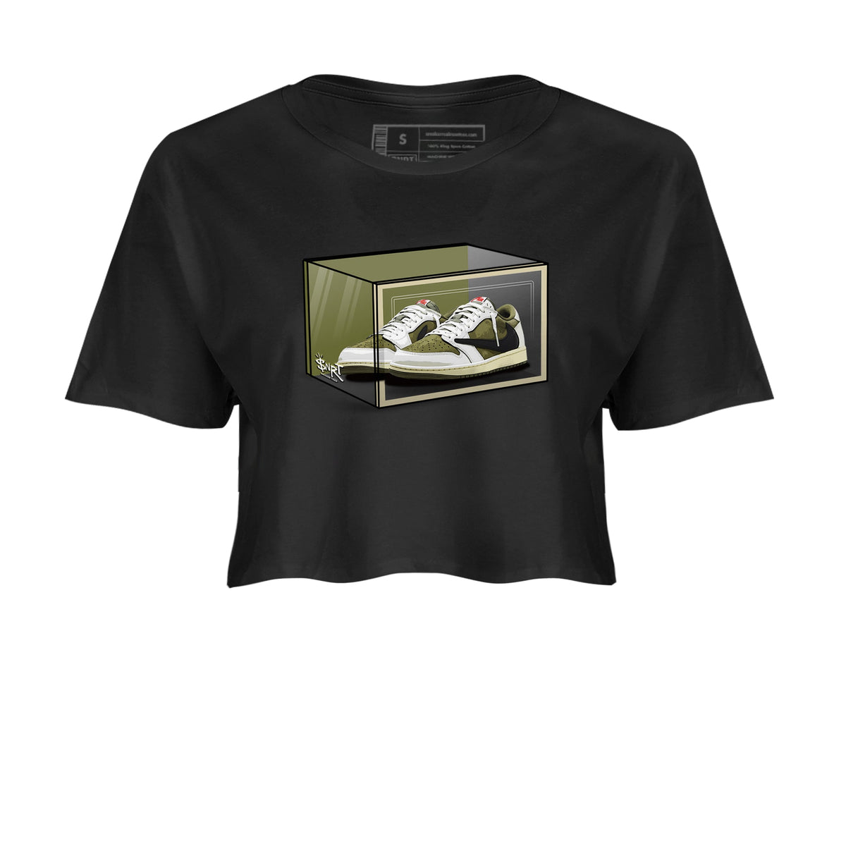 Jordan 1 Olive t shirts to match sneakers Shoe Box sneaker match tees Air Jordan 1 Low x Travis Scott Reverse Olive tee Drip Gear Zone unisex cotton Black 2 crop tee