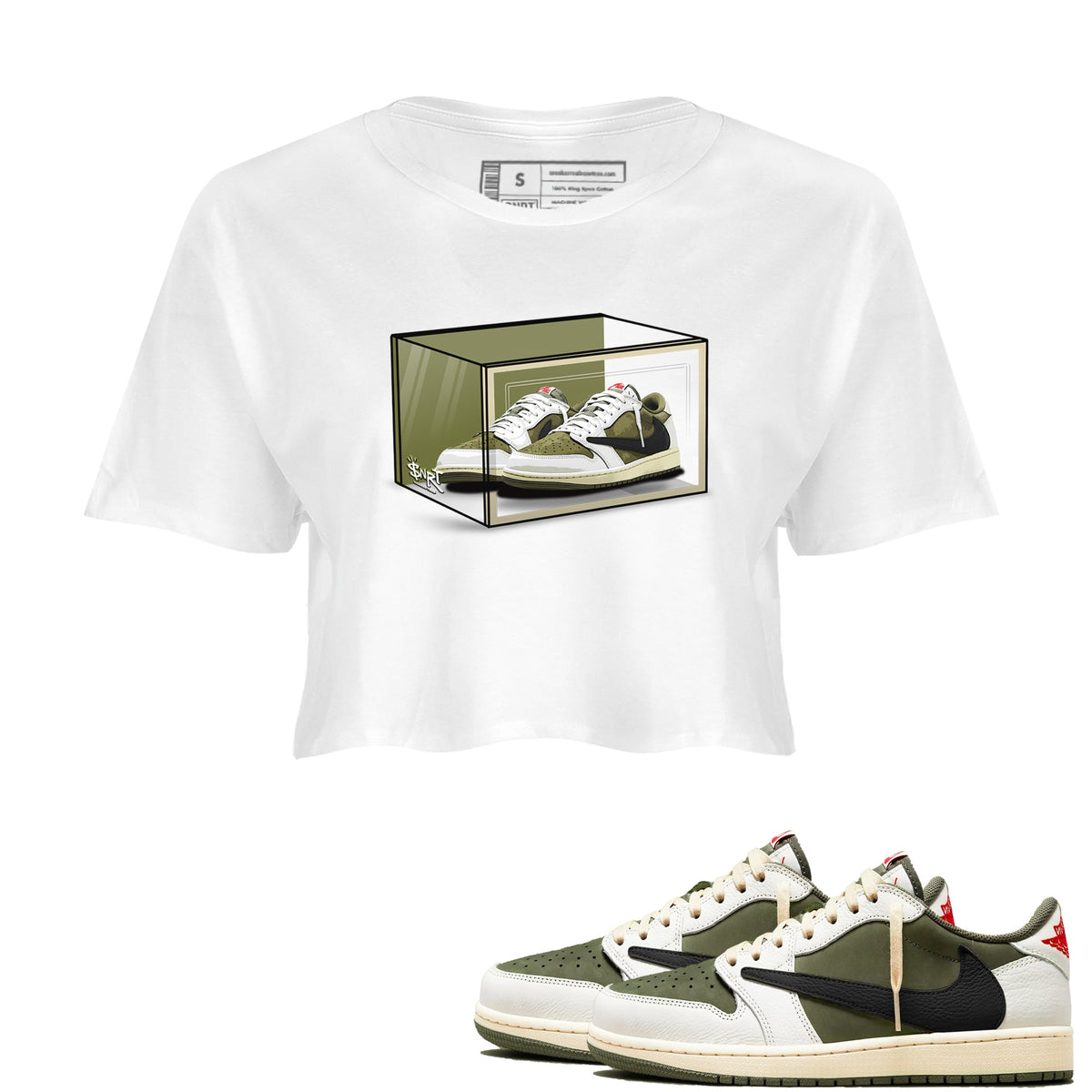 Jordan 1 Olive t shirts to match sneakers Shoe Box sneaker match tees Air Jordan 1 Low x Travis Scott Reverse Olive tee Drip Gear Zone unisex cotton White 1 crop tee