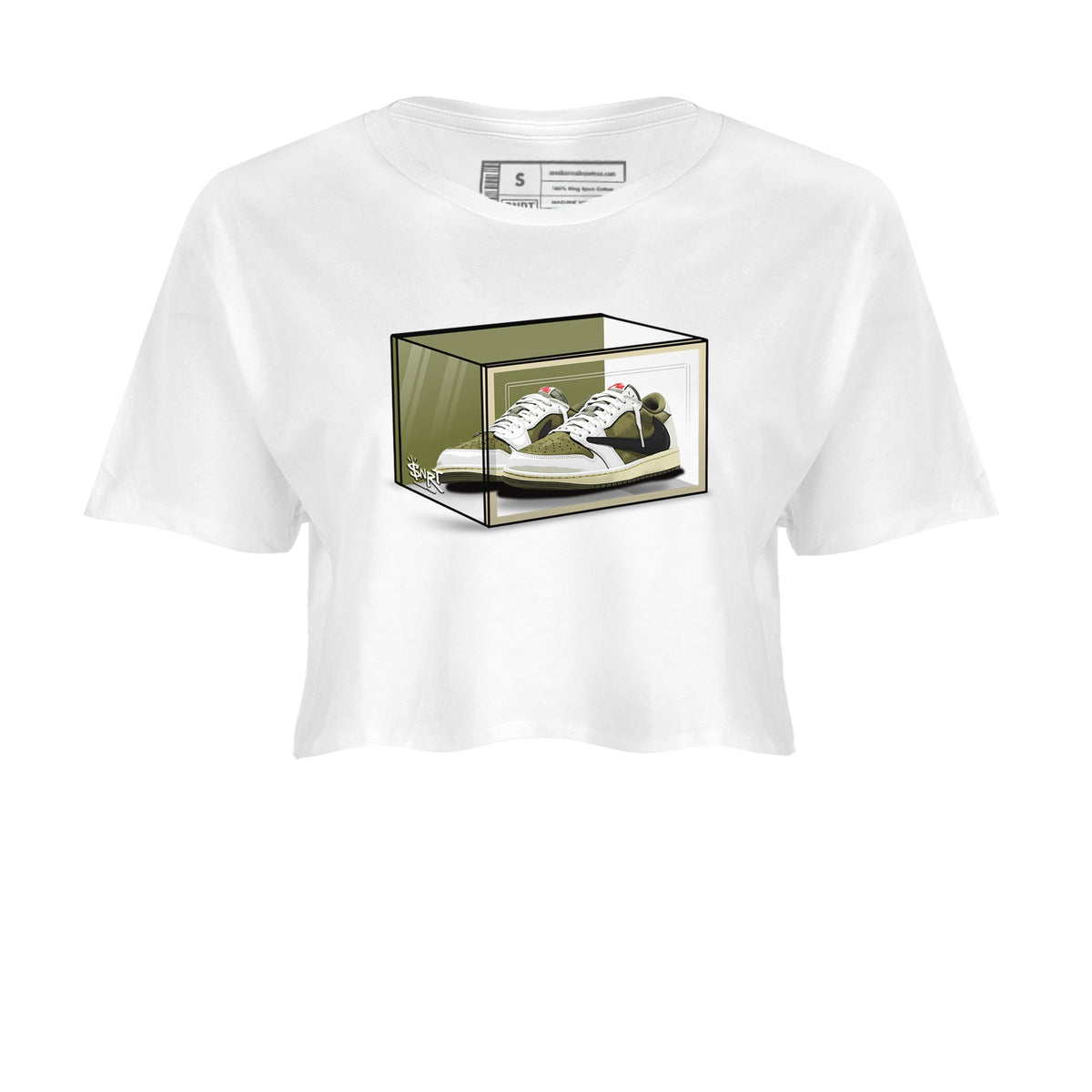 Jordan 1 Olive t shirts to match sneakers Shoe Box sneaker match tees Air Jordan 1 Low x Travis Scott Reverse Olive tee Drip Gear Zone unisex cotton White 2 crop tee