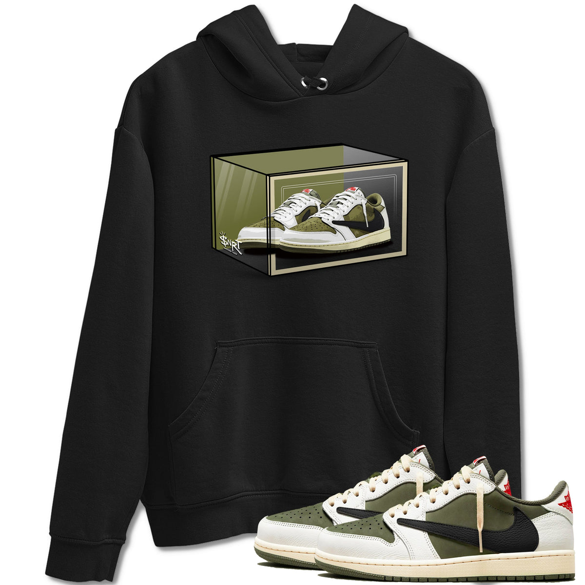 Jordan 1 Olive t shirts to match sneakers Shoe Box sneaker match tees Air Jordan 1 Low x Travis Scott Reverse Olive tee Drip Gear Zone unisex cotton Black 1 shirts