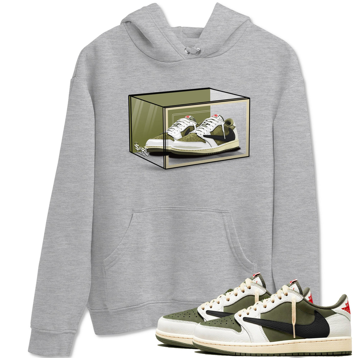 Jordan 1 Olive t shirts to match sneakers Shoe Box sneaker match tees Air Jordan 1 Low x Travis Scott Reverse Olive tee Drip Gear Zone unisex cotton Heather Grey 1 shirts