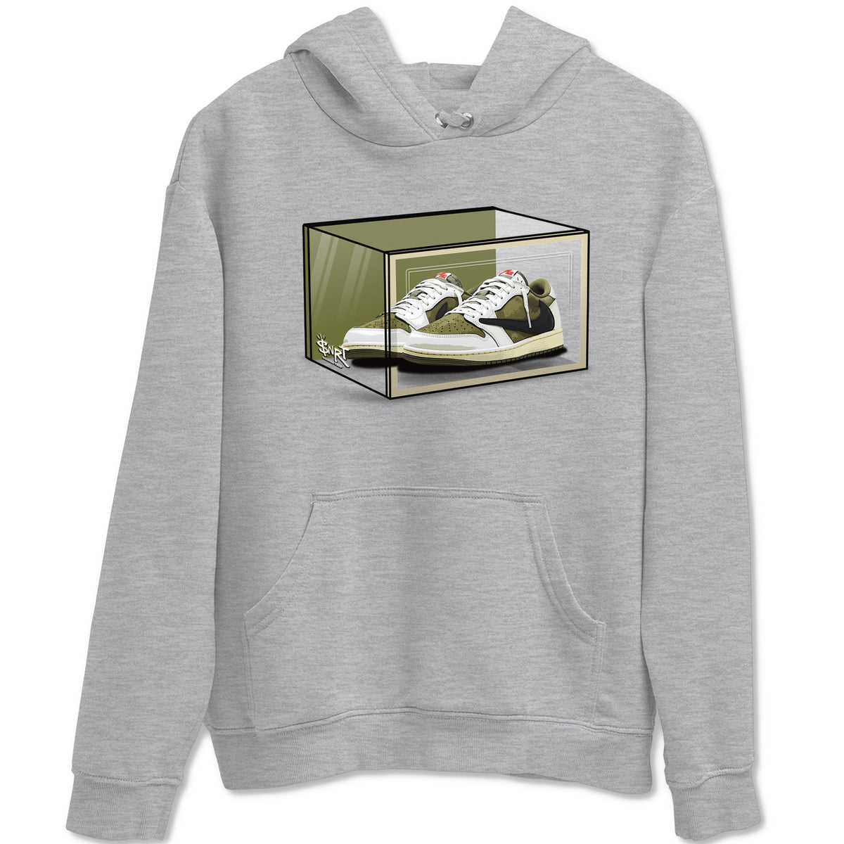 Jordan 1 Olive t shirts to match sneakers Shoe Box sneaker match tees Air Jordan 1 Low x Travis Scott Reverse Olive tee Drip Gear Zone unisex cotton Heather Grey 2 shirts