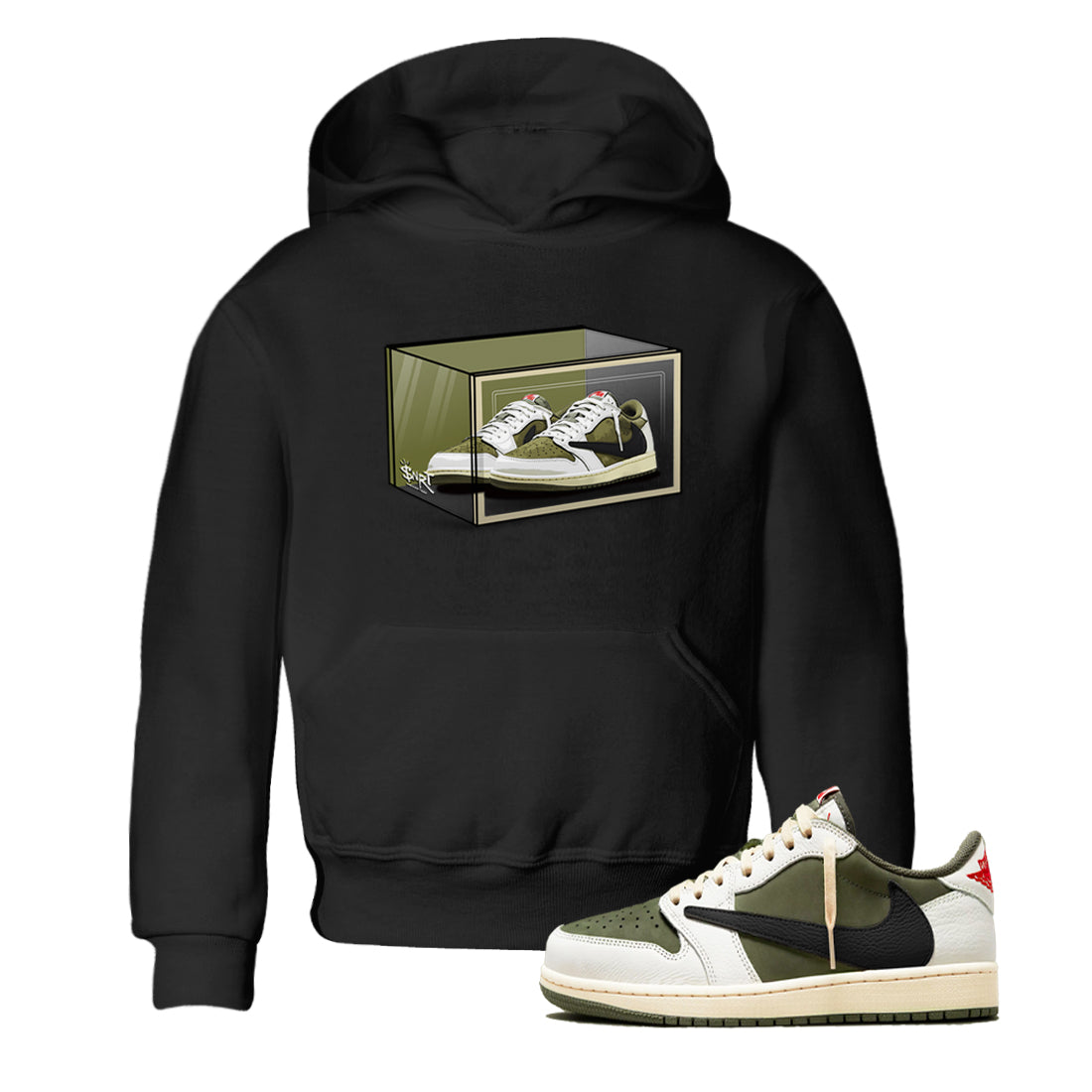 Jordan 1 Olive t shirts to match sneakers Shoe Box sneaker match tees Air Jordan 1 Low x Travis Scott Reverse Olive tee Drip Gear Zone Youth Baby Black 1 tee