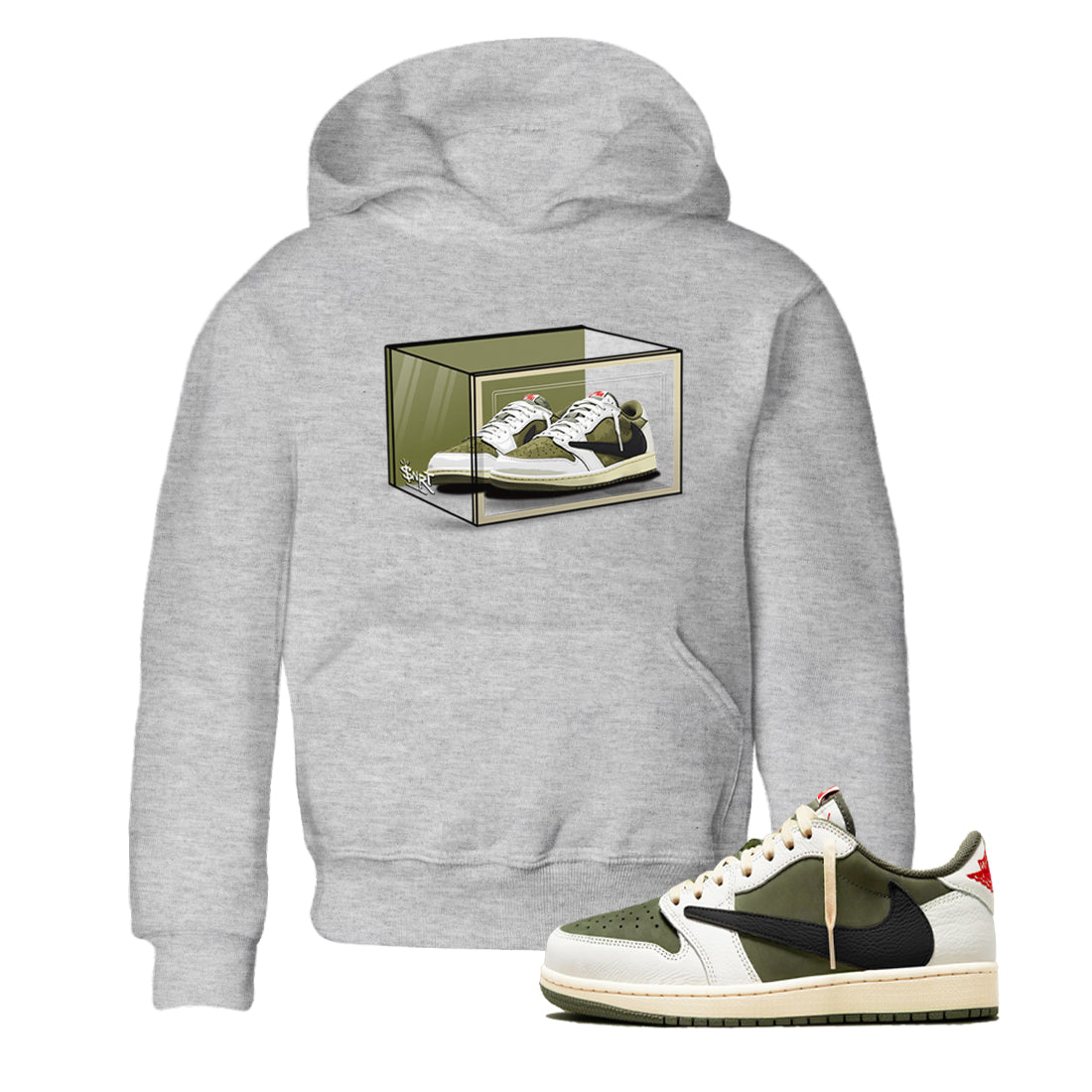 Jordan 1 Olive t shirts to match sneakers Shoe Box sneaker match tees Air Jordan 1 Low x Travis Scott Reverse Olive tee Drip Gear Zone Youth Baby Heather Grey 1 tee