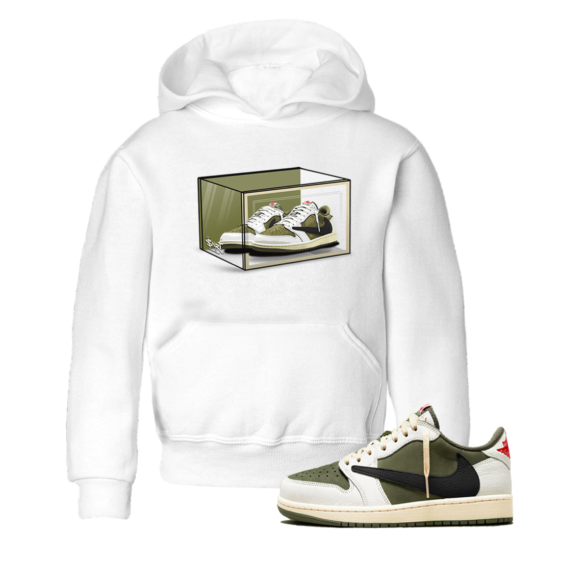 Jordan 1 Olive t shirts to match sneakers Shoe Box sneaker match tees Air Jordan 1 Low x Travis Scott Reverse Olive tee Drip Gear Zone Youth Baby White 1 tee