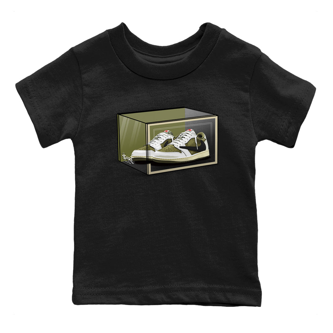 Jordan 1 Olive t shirts to match sneakers Shoe Box sneaker match tees Air Jordan 1 Low x Travis Scott Reverse Olive tee Drip Gear Zone Youth Baby Black 2 tee