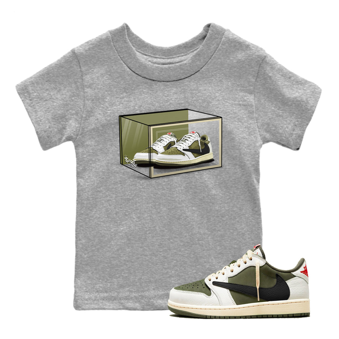 Jordan 1 Olive t shirts to match sneakers Shoe Box sneaker match tees Air Jordan 1 Low x Travis Scott Reverse Olive tee Drip Gear Zone Youth Baby Heather Grey 1 tee