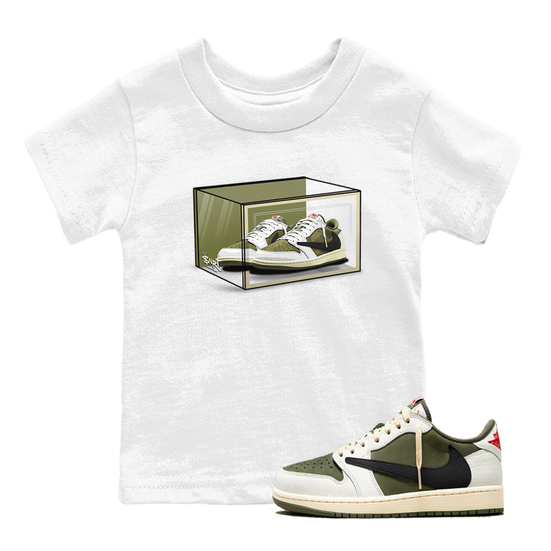 Jordan 1 Olive t shirts to match sneakers Shoe Box sneaker match tees Air Jordan 1 Low x Travis Scott Reverse Olive tee Drip Gear Zone Youth Baby White 1 tee