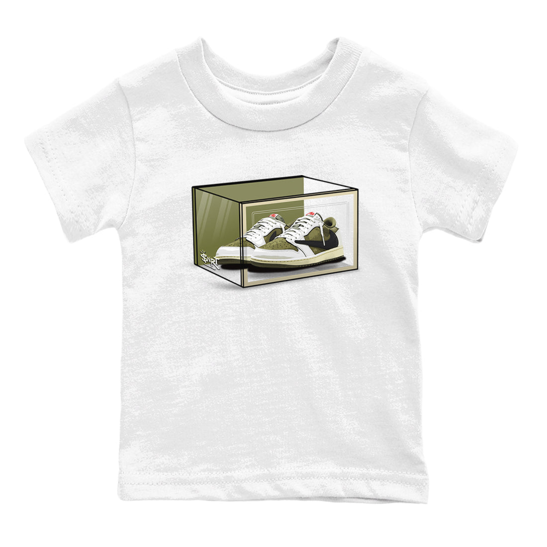 Jordan 1 Olive t shirts to match sneakers Shoe Box sneaker match tees Air Jordan 1 Low x Travis Scott Reverse Olive tee Drip Gear Zone Youth Baby White 2 tee