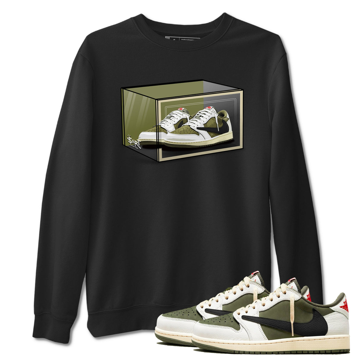 Jordan 1 Olive t shirts to match sneakers Shoe Box sneaker match tees Air Jordan 1 Low x Travis Scott Reverse Olive tee Drip Gear Zone unisex cotton Black 1 shirts