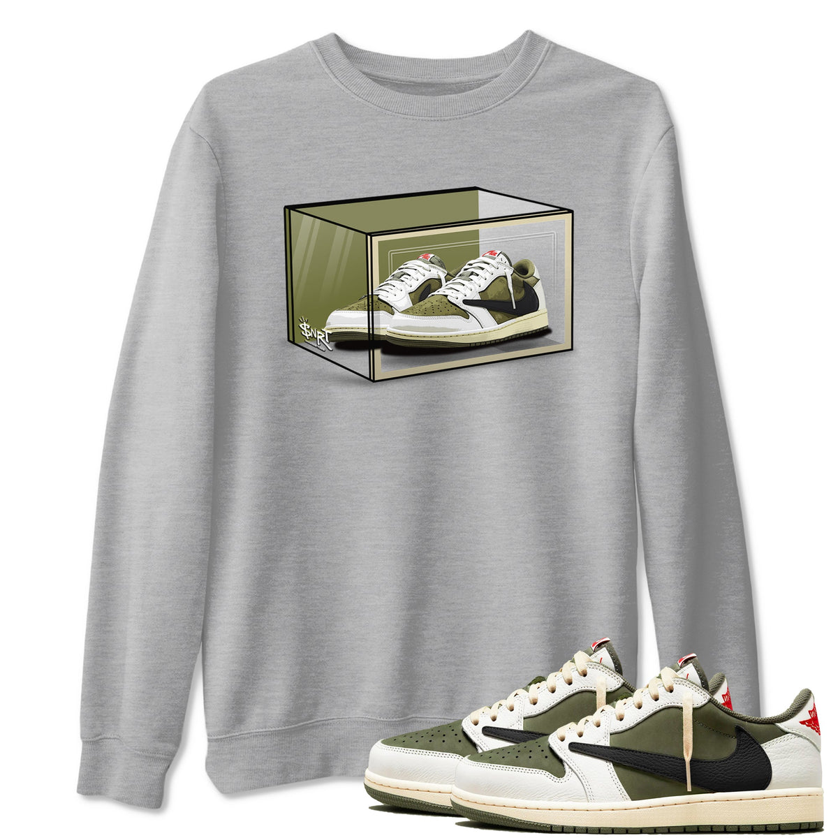 Jordan 1 Olive t shirts to match sneakers Shoe Box sneaker match tees Air Jordan 1 Low x Travis Scott Reverse Olive tee Drip Gear Zone unisex cotton Heather Grey 1 shirts